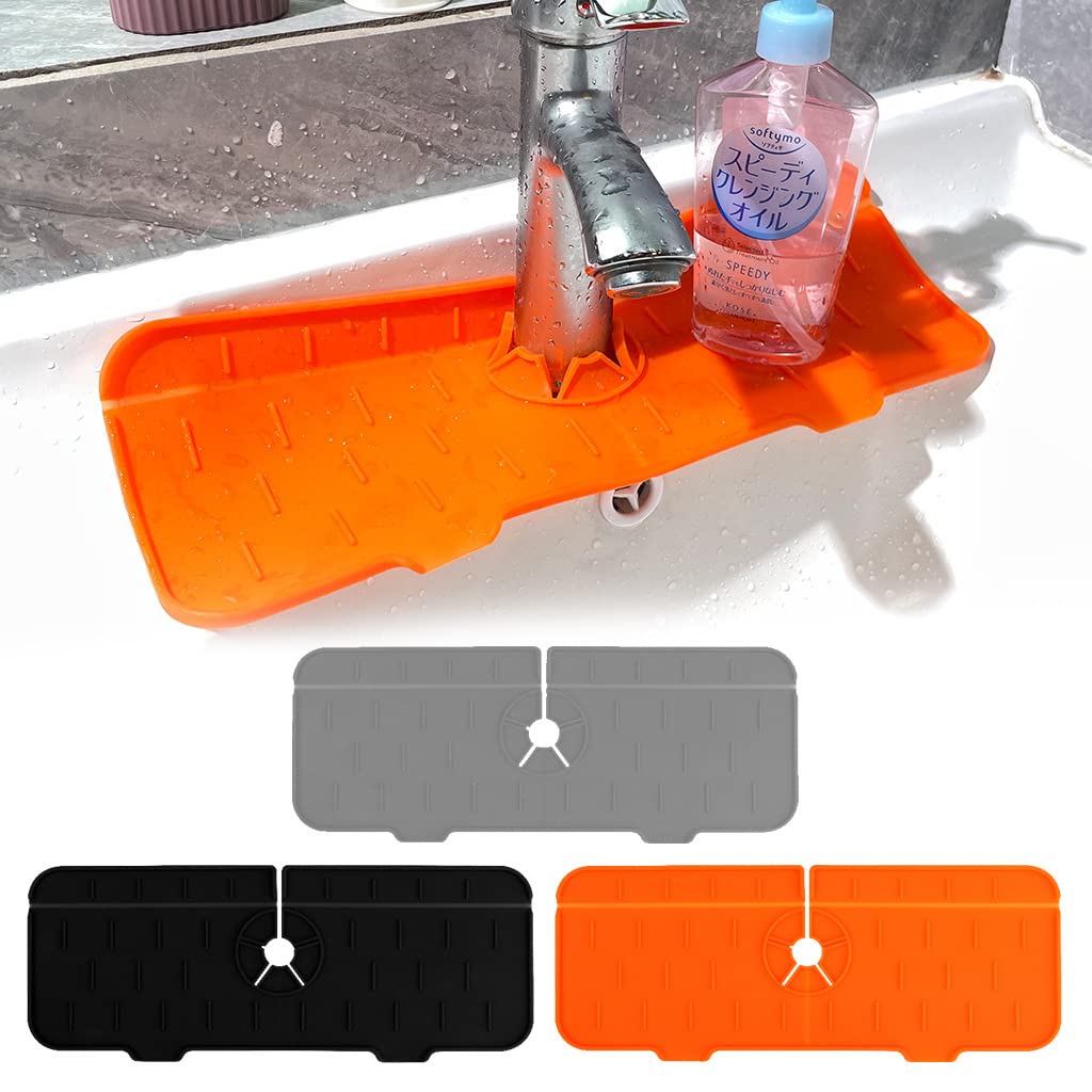 Non-Slip Silicone Faucet Mat for Kitchen & Bathroom Sink - Splash Guard Water Catcher, Drip Protector Drain Pad (Black/Grey/Orange) - Perfect for Countertop Protection & Spill Prevention