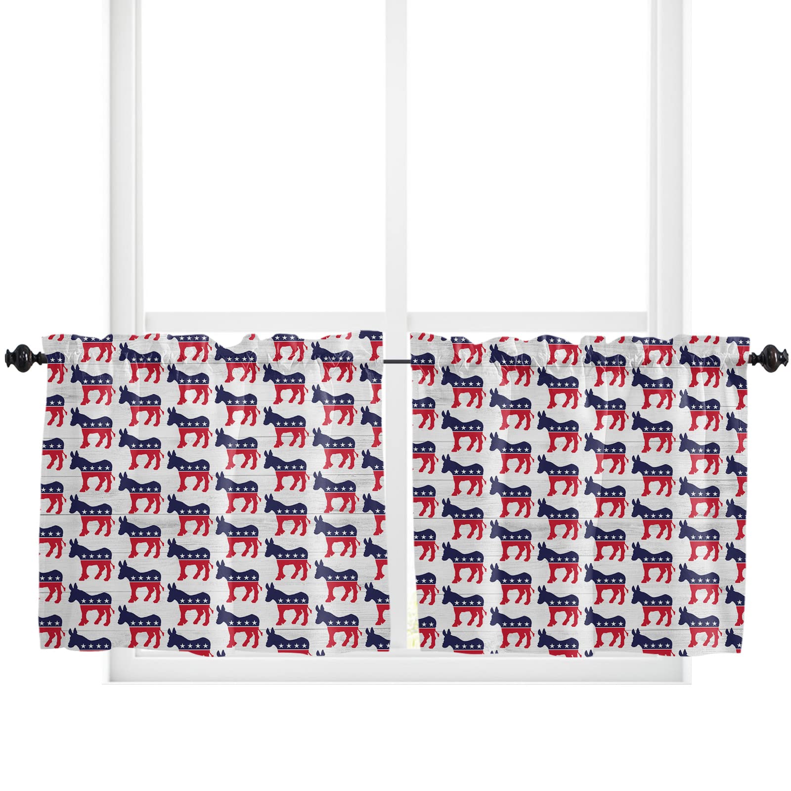 USA Donkey Window Tier Curtains 24 Inches Long - Set of 2 Panels, Wooden Grain Half Window Rod Pocket Kitchen Curtains for Small Windows - Perfect for Bathroom, Cafe & Kitchen Decor (Independence Style)