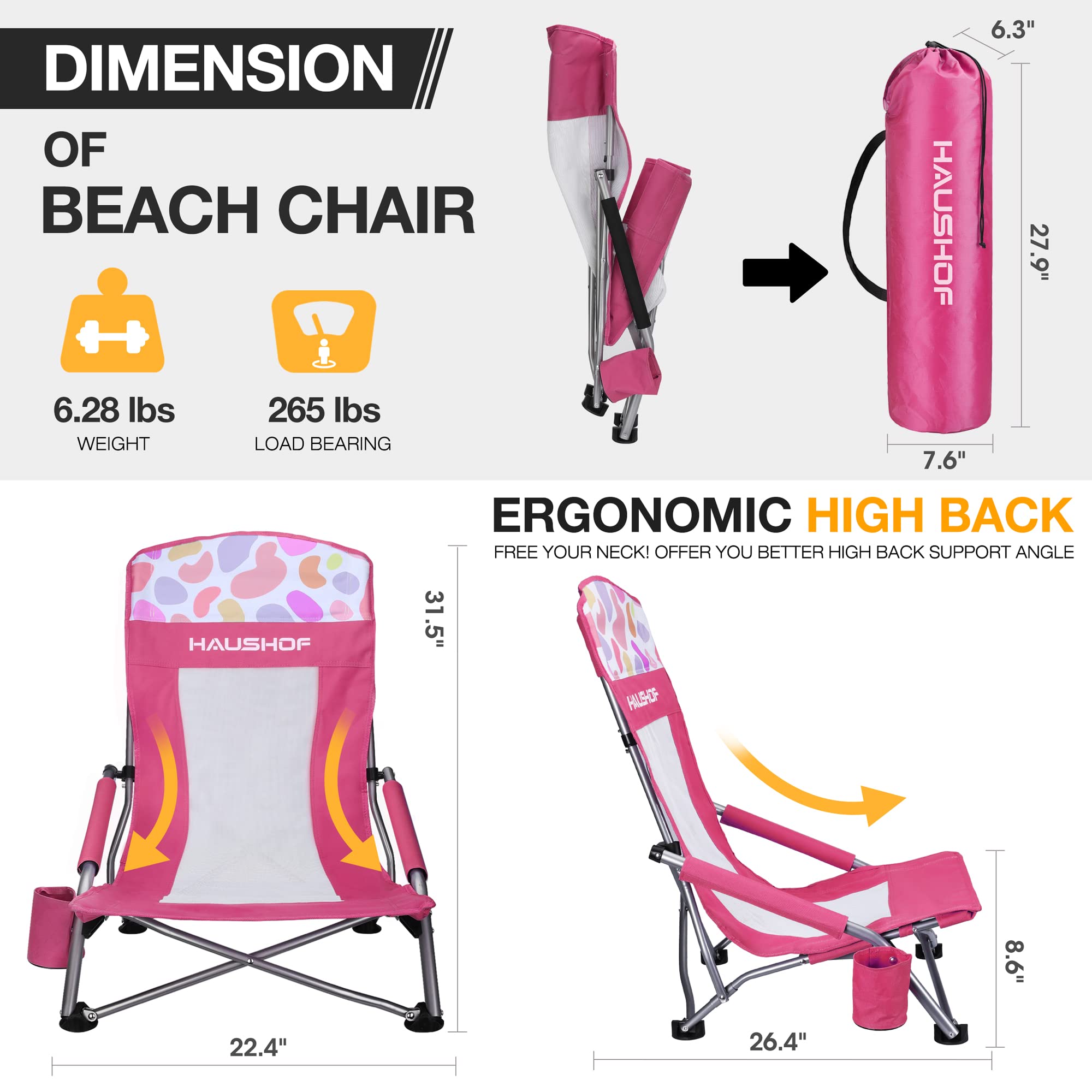 HAUSHOF 2-Pack High Back Beach Chairs - Lightweight Folding Camping Chairs with Mesh Back, Cup Holder & Carry Bag - Padded Armrest for Outdoor, Beach, Lawn, Camping, Picnic & Festival Use
