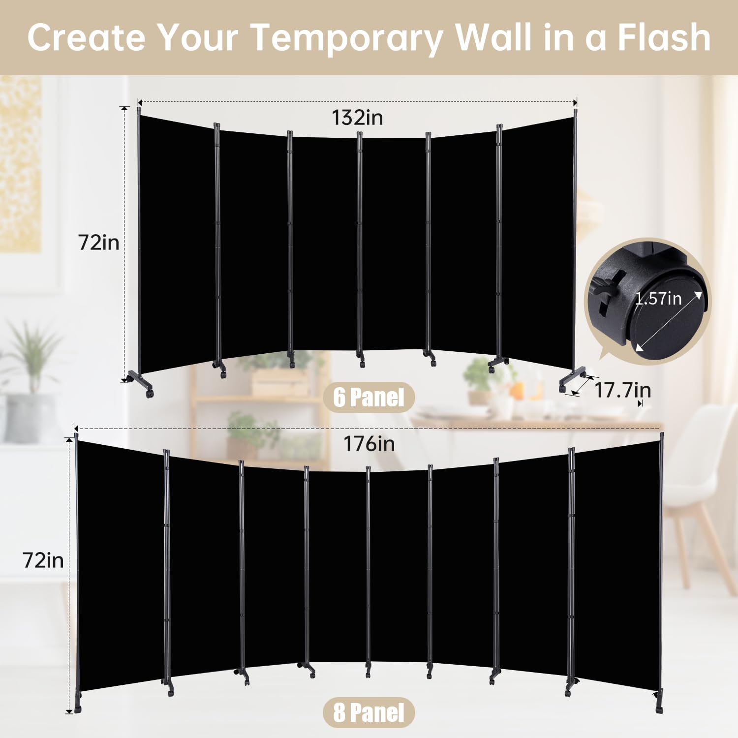 6 Panel Room Divider with Wheels - Portable Fabric Partition Screen for Office, Bedroom & Living Room - Privacy Room Separator for Home & Workspace | Perfect for Creating Private Spaces in Open Areas