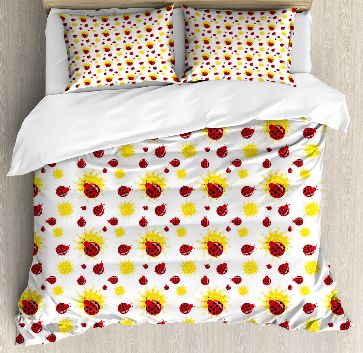 Ambesonne Ladybugs Duvet Cover Set - Queen Size 2-Pack with 2 Duvet Covers & 4 Pillowcases, Red Black Yellow Summer Sun Pattern Animal Cartoon Design - Perfect for Kids' Bedrooms, Guest Rooms & Summer Themed Decor