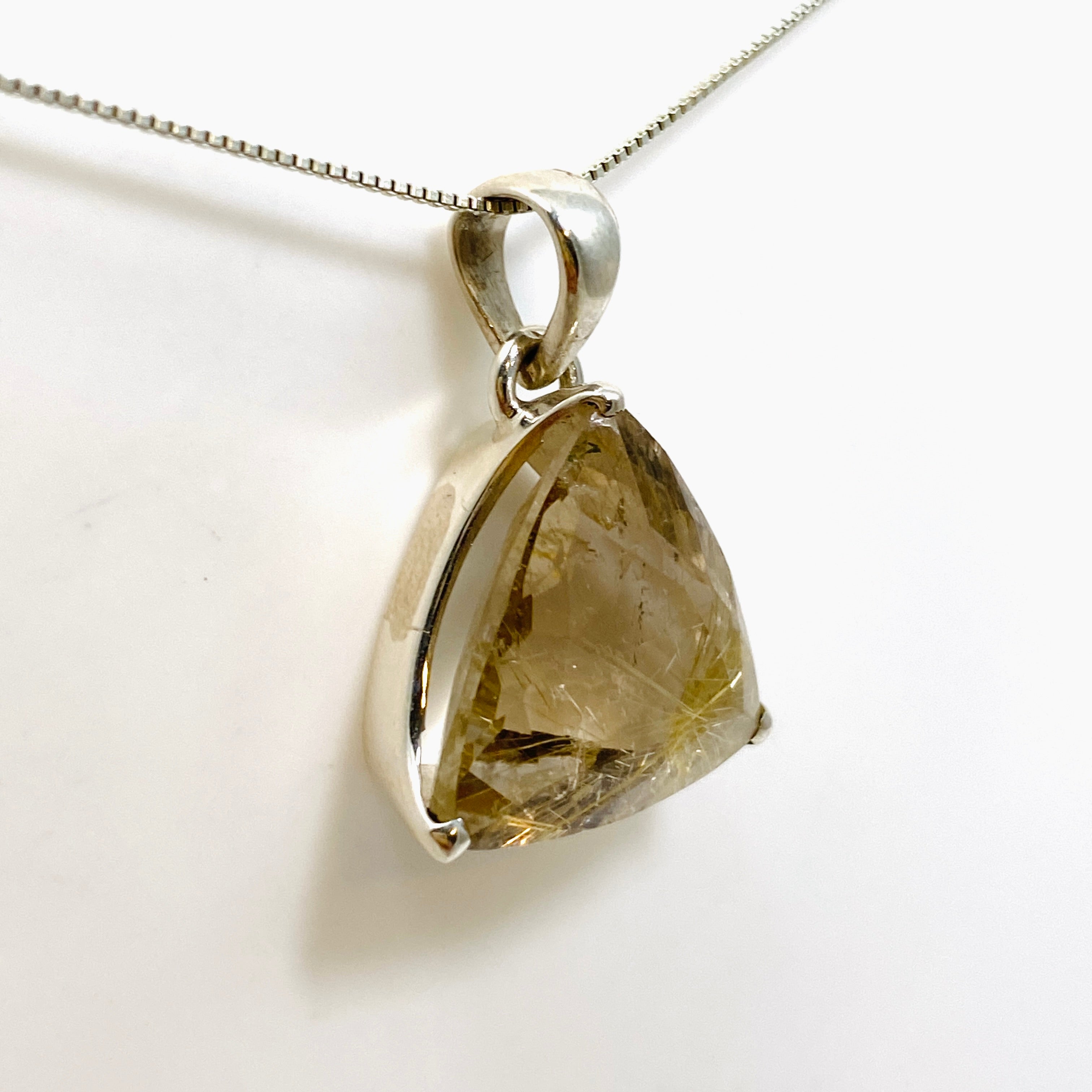 Golden Rutile Quartz Triangular Faceted Pendant Necklace - Natural Gemstone Jewelry for Women - Perfect for Spiritual Healing, Meditation & Everyday Elegance