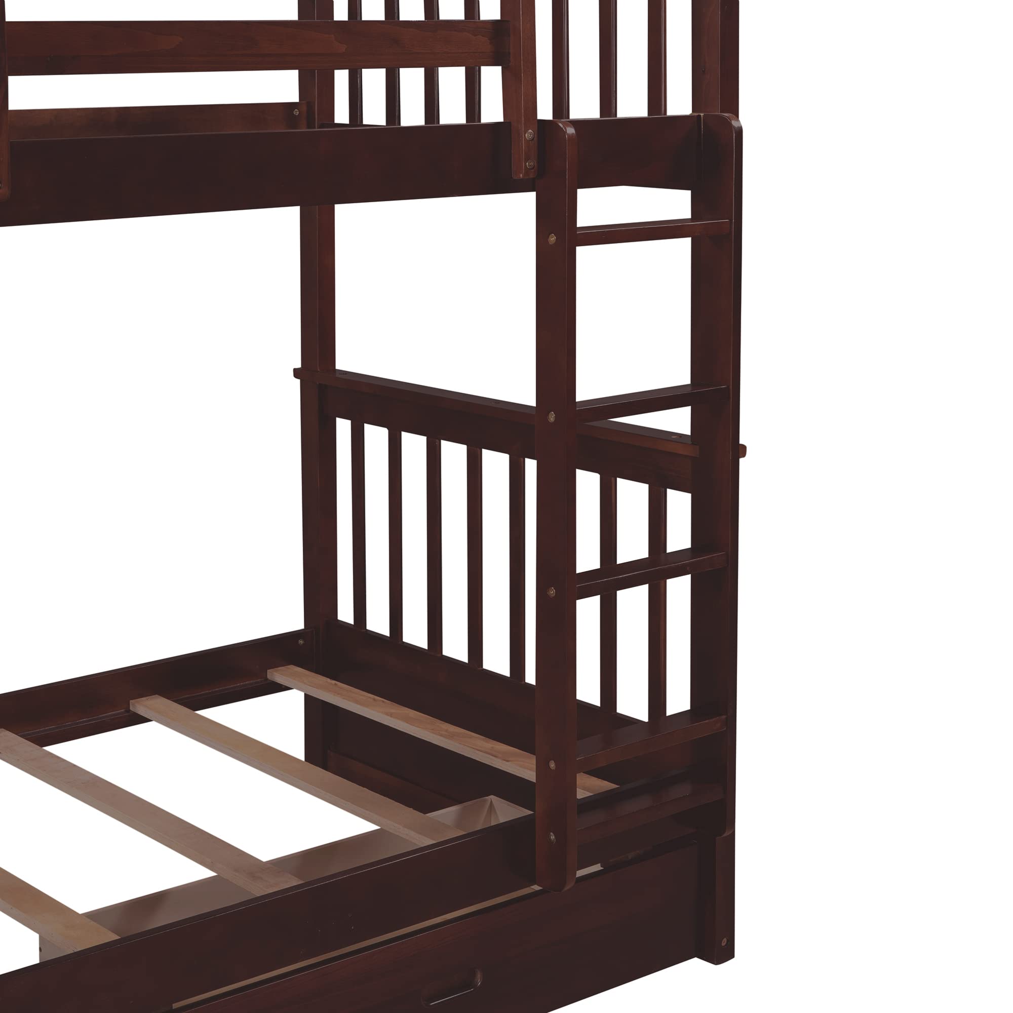 SOFTSEA Twin Over Twin Bunk Bed Frame with Ladders & 2 Large Storage Drawers - Solid Wood Twin Size Bunk Bed for Kids, Teens & Adults - No Box Spring Needed - Espresso Finish - Perfect for Small Bedrooms, Guest Rooms & Vacation Homes