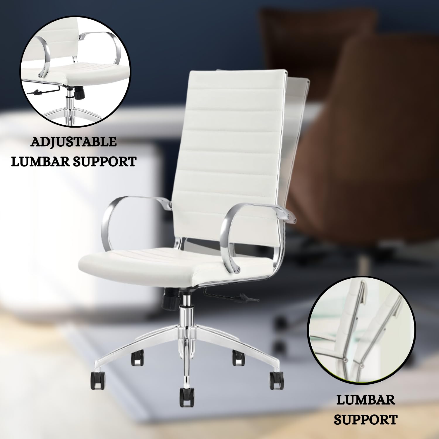 Ergonomic Ribbed High Back Conference Room Chair with Lumbar Support - Modern Executive Office Chair with 360° Swivel & Rolling Wheels - Aluminum Chrome Frame & Base - White Home Office Chair (Pack of 1) - Perfect for Meetings, Workstations & Home Offices