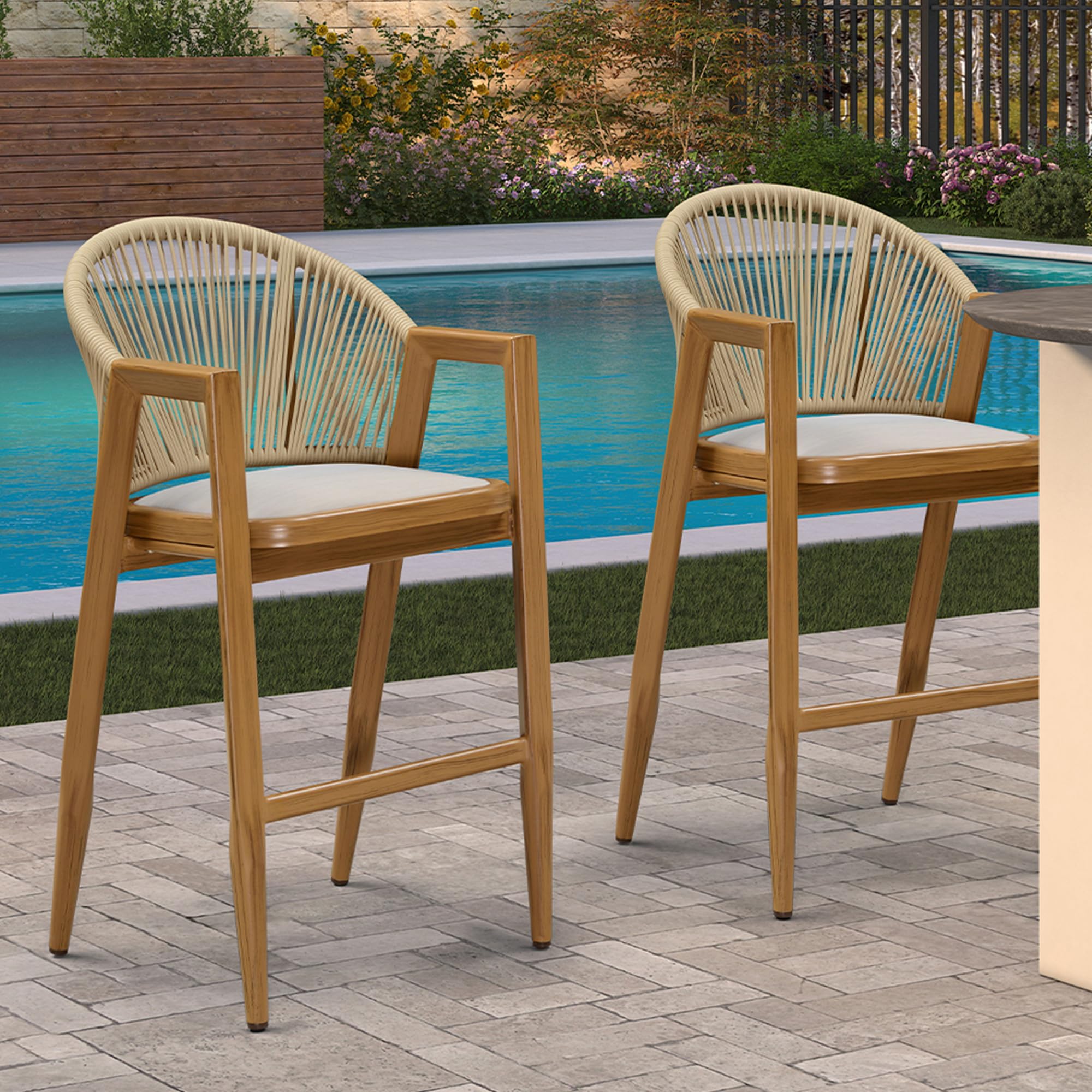PURPLE LEAF Outdoor Bar Stools Set of 2 - Wicker Woven Bar Height Stools with Back, Aluminum Frame for Patio, Island, Lawn & Kitchen - Perfect for Outdoor Entertaining & Dining