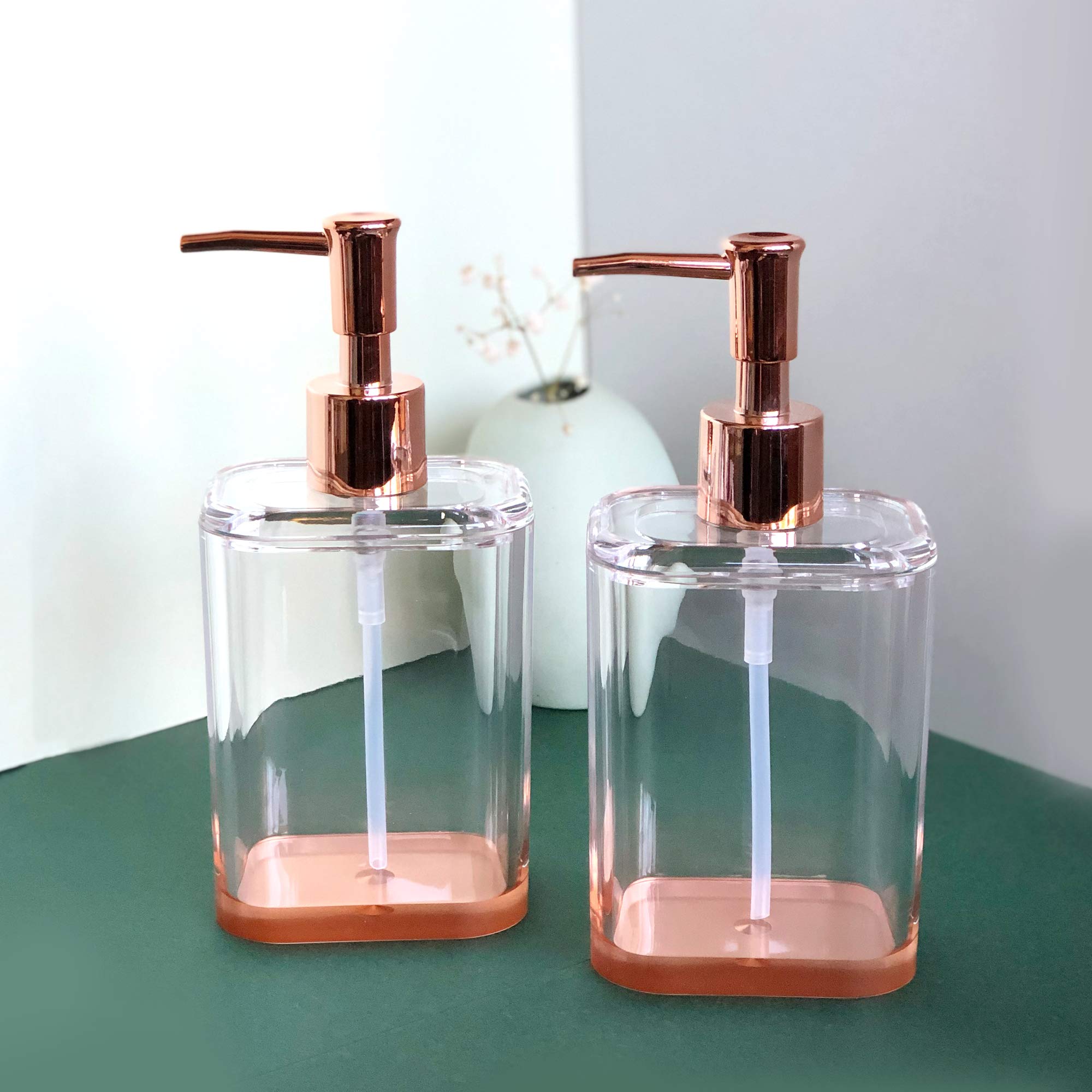 Premium Acrylic Soap Dispenser Set - Modern Bathroom Accessories for Liquid Soap & Lotion - Rose Gold/Clear Countertop Dispenser - Perfect for Home, Spa, and Guest Bathroom Decor