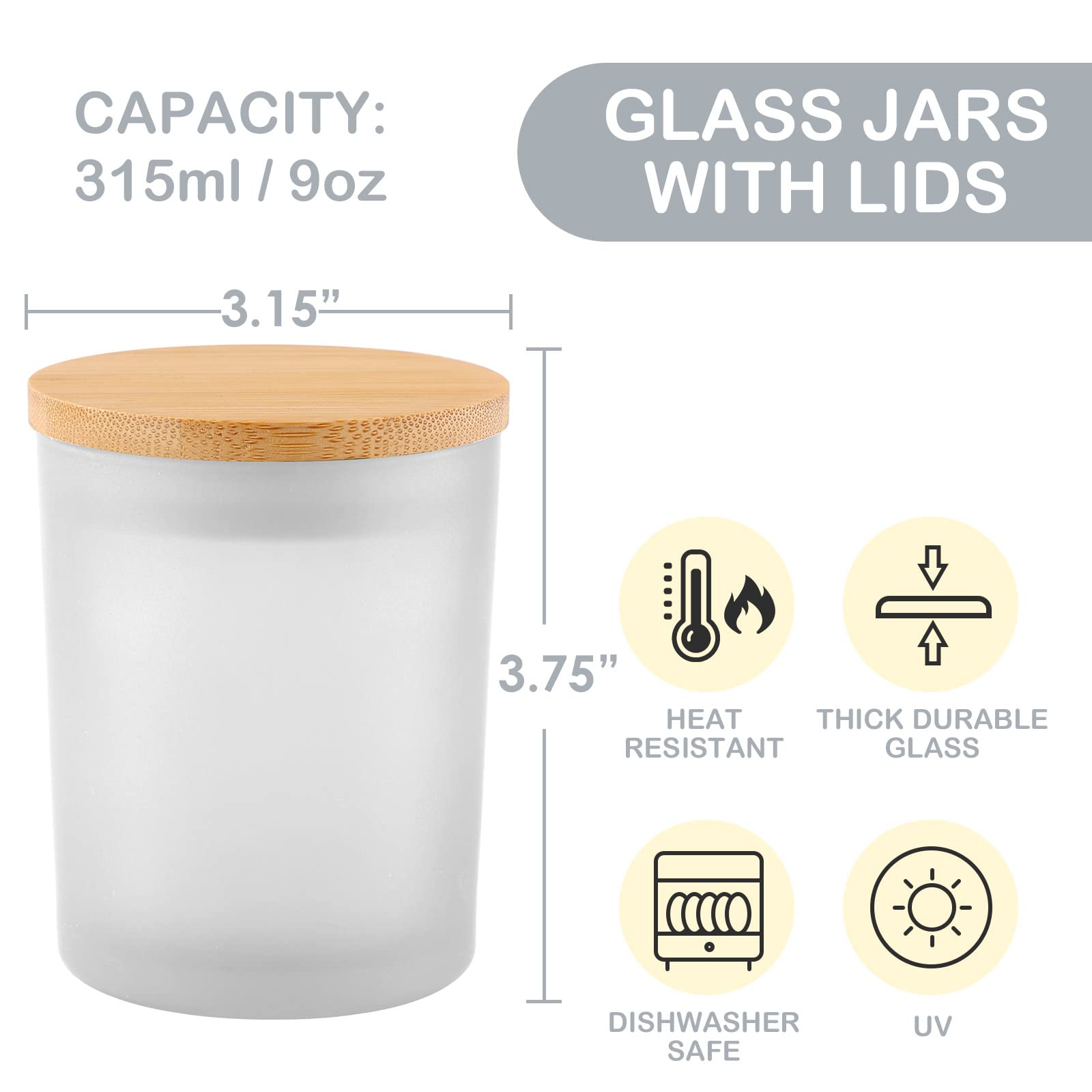 GOTIDEAL 12 Pack 9oz Frosted White Candle Jars with Bamboo Lids - Bulk Empty Candle Containers for DIY Soy Wax Candles, Wedding Decor & Home Fragrance