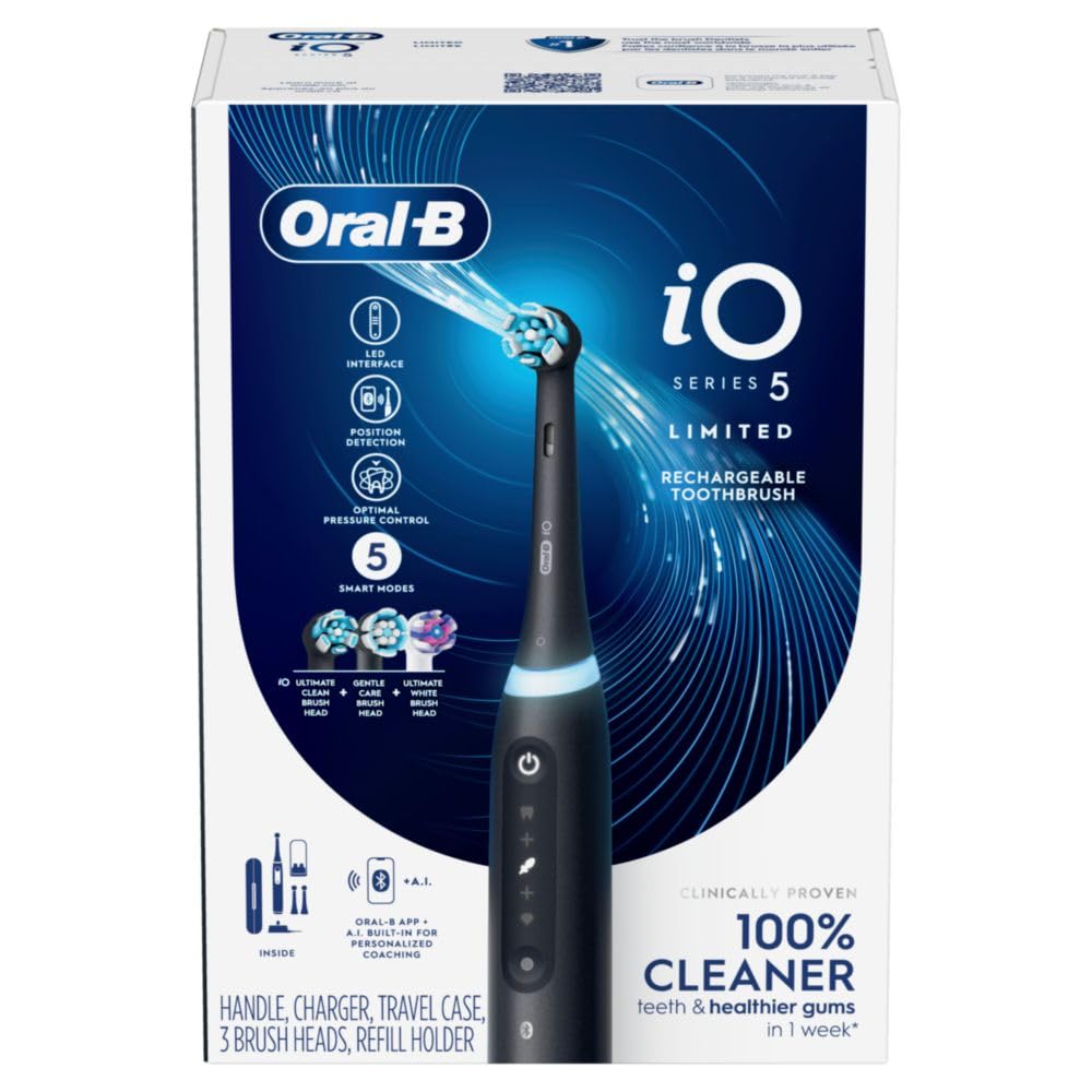 Oral-B iO5 Deep Clean + Whitening Rechargeable Electric Toothbrush with Pressure Sensor, 5 Modes & Travel Case - Black | Professional Teeth Cleaning for Home & Travel Use