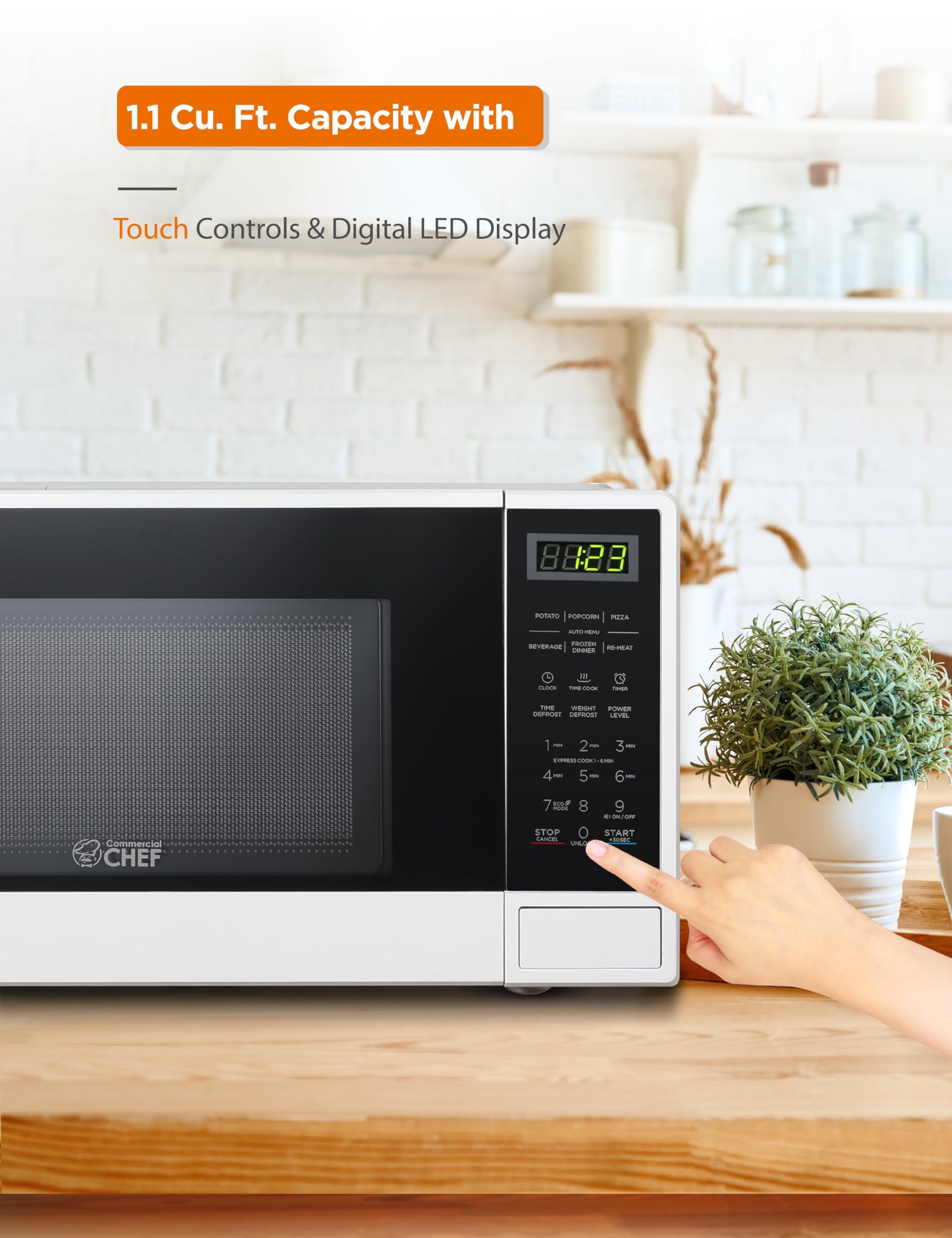 Commercial CHEF 1.1 Cu. Ft Countertop Microwave Oven - White | Compact Kitchen Appliance for Small Spaces, Dorm Rooms & Office Break Areas