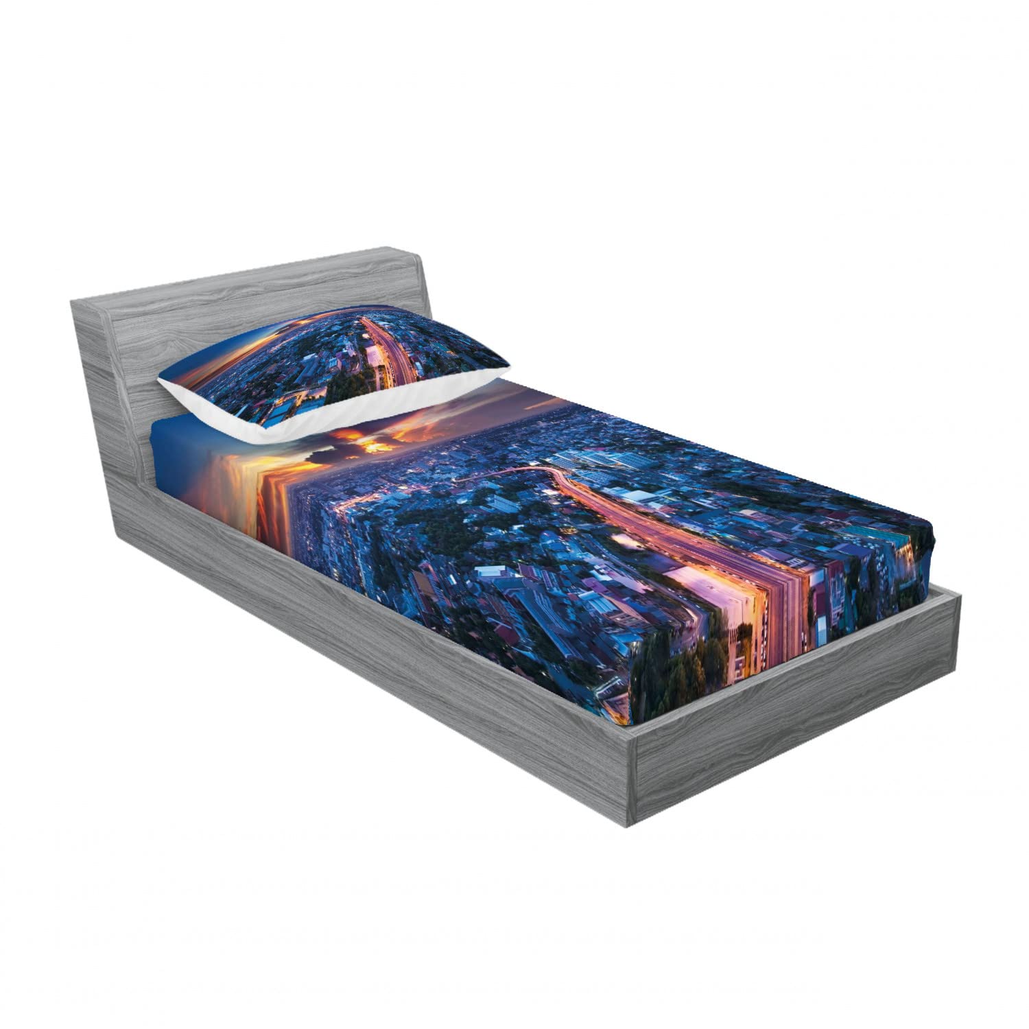 Ambesonne Urban 2-Piece Twin Fitted Sheet & Pillow Sham Set - Bangkok Thailand Skyline Design, Blue Coral Bedding Decor (Includes 2 Fitted Sheets & 2 Pillow Covers) | Perfect for Guest Rooms, Dormitories & Cozy Apartment Decor