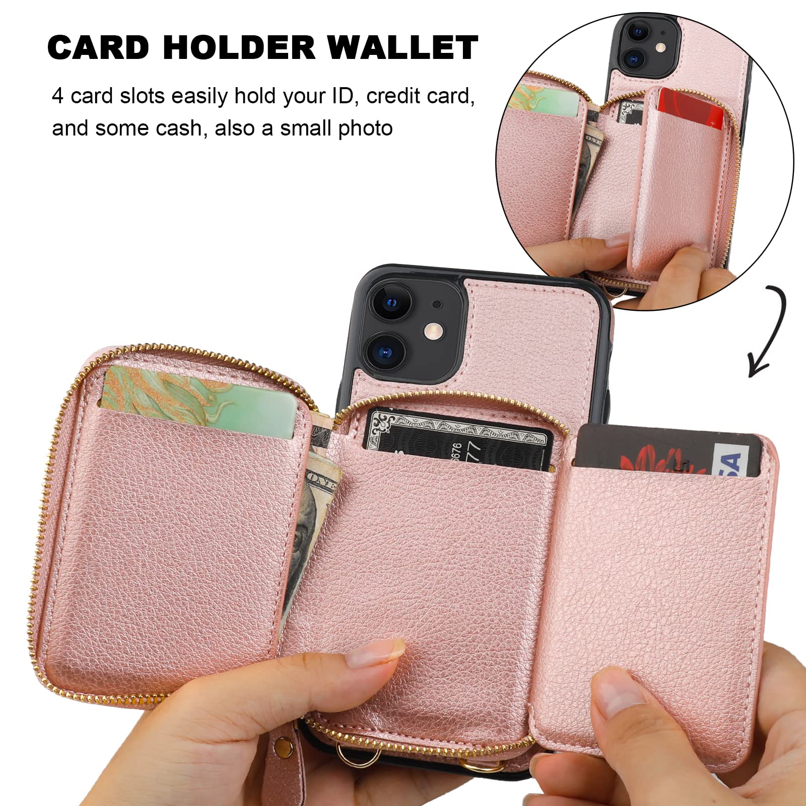 RFID Blocking Wallet Case for iPhone 11 - PU Leather Crossbody Zipper Purse with Card Holder, Kickstand & Detachable Wrist Strap | 6.1 Inch Rose Gold Folio Case | Perfect for Travel, Shopping & Daily Use