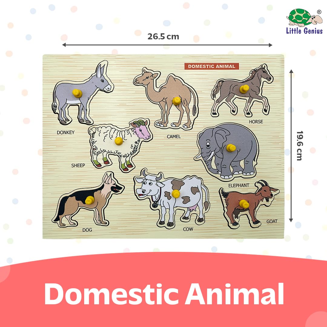 Little Genius Wooden Domestic Animals Puzzle Tray with Knobs - Montessori Learning Toy for Toddlers 1-3 Years | Farm Animal Matching Game for Preschool Education & Early Childhood Development | Perfect for Daycare, Homeschooling & Sensory Play