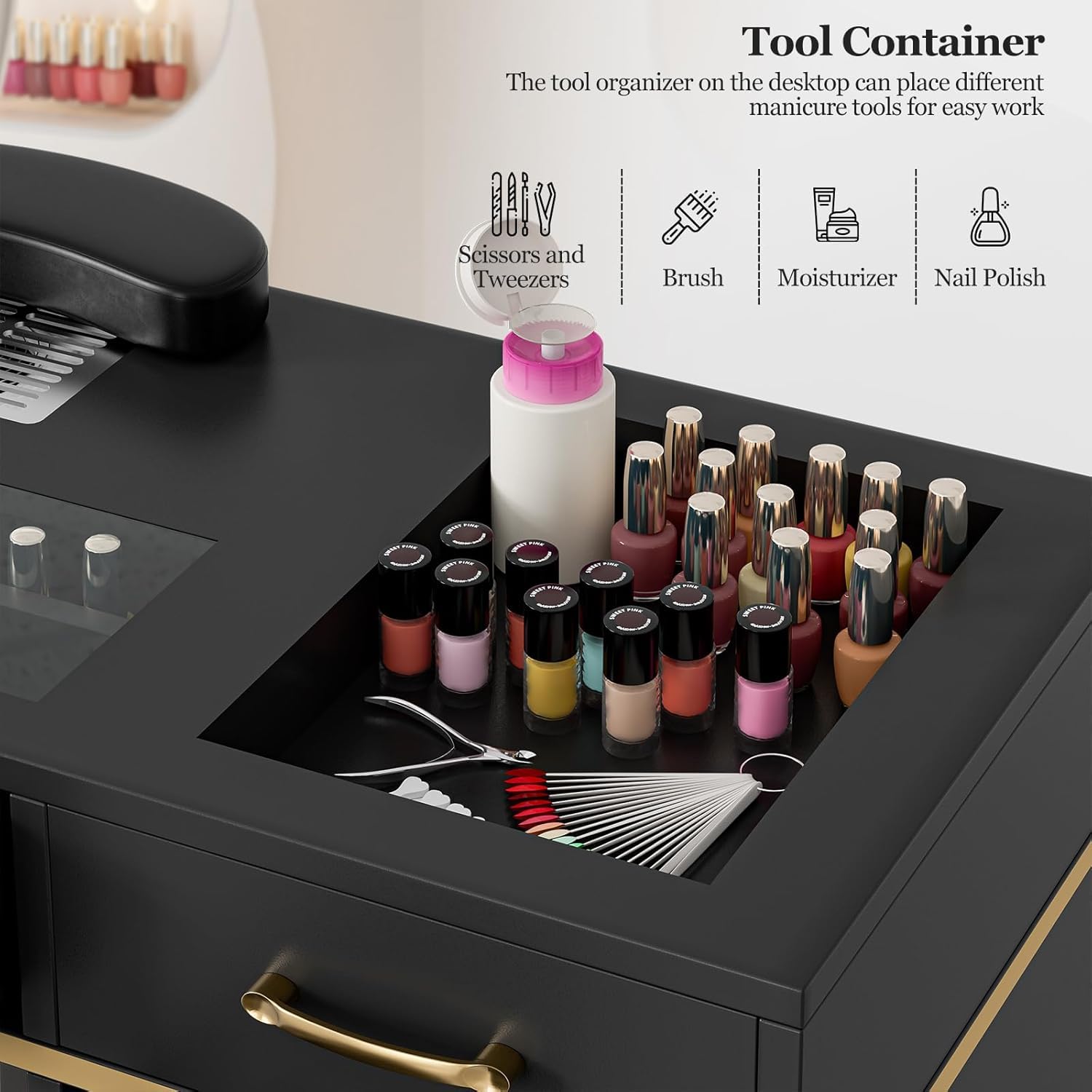 Professional Manicure Table Nail Station for Salon & Home Use - Glass Top Nail Tech Table with Electric Dust Collector, 7 Drawers & 3-Tier Shelves, Beauty Workstation with Wrist Cushion & Golden Handles (Black) - Perfect for Nail Artists, Home Salons & Professional Nail Technicians