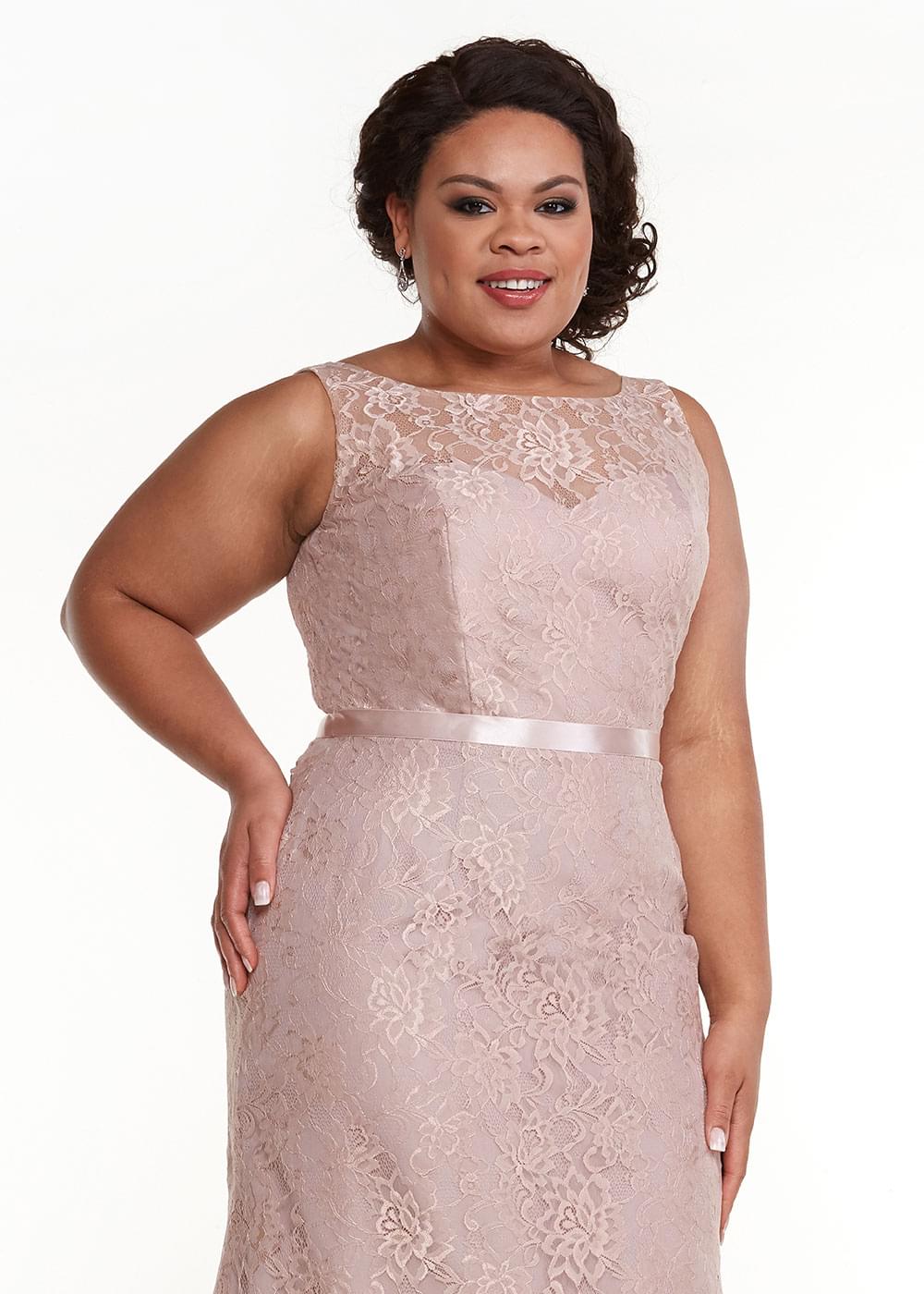 Elegant 80035 Tea Length Lace Bridesmaid Dress with Detachable Sash - Perfect for Weddings, Formal Events & Special Occasions