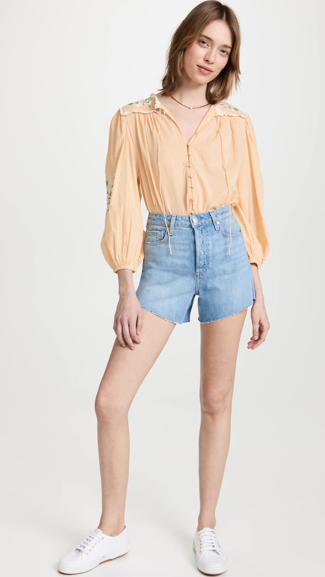 PAIGE Women's High Rise Noella Distressed Denim Shorts - Chantelle Blue, Size 27 | Casual Summer Outfits & Beach Wear