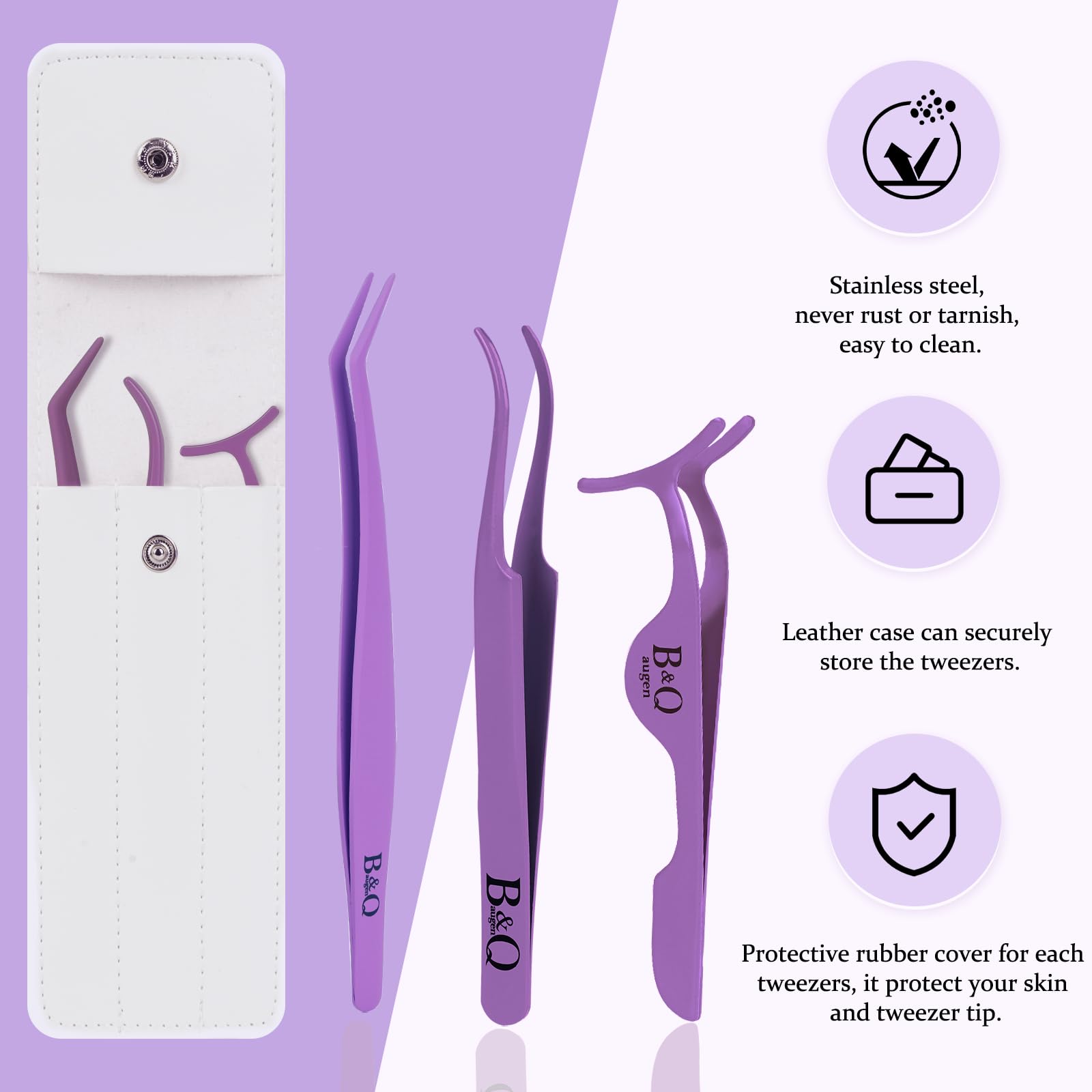 B&Qaugen 3-Piece False Eyelash Applicator Set - Professional DIY Eyelash Extension Tweezers Kit (Purple) for Perfect Lash Application at Home, Salon, or Party