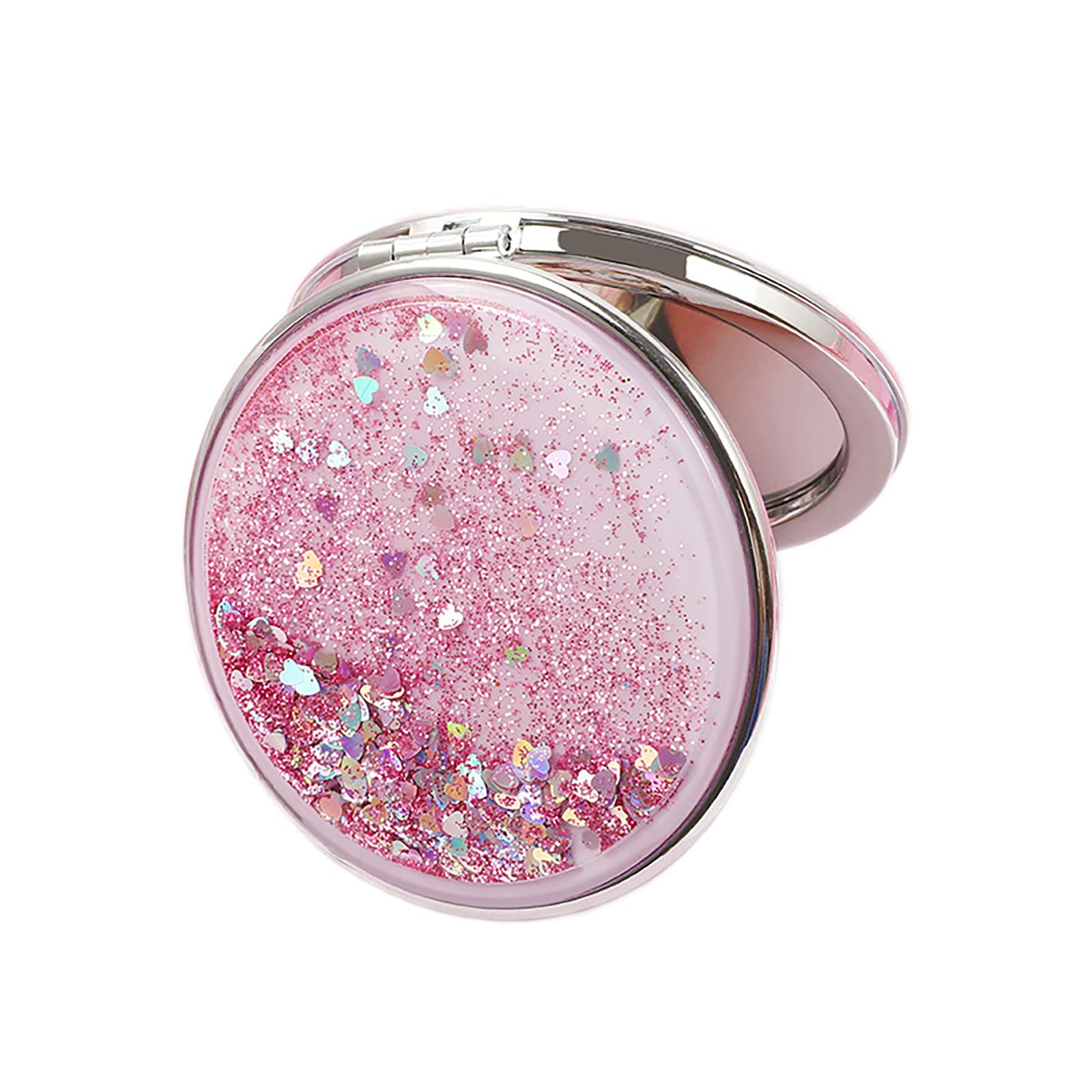 HSYHERE Creative Quicksand Double-Sided Portable Compact Foldable Fashion Hand Mirror - Travel Pocket Makeup Mirror (Round, Pink) | Perfect for Home, Travel & On-the-Go Touch Ups