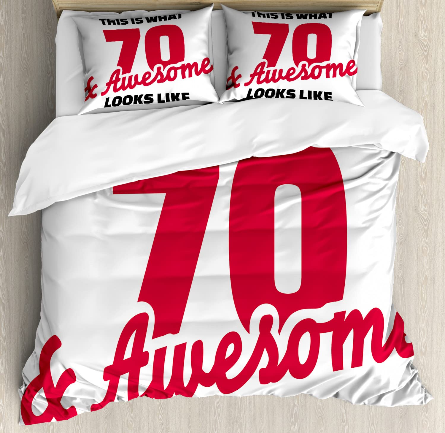 Ambesonne 70th Birthday Duvet Cover Set - 2 Pack California King Size Bedding with 4 Pillowcases - Dark Coral & White Celebration Design - Perfect for Milestone Birthday Parties & Guest Room Decor