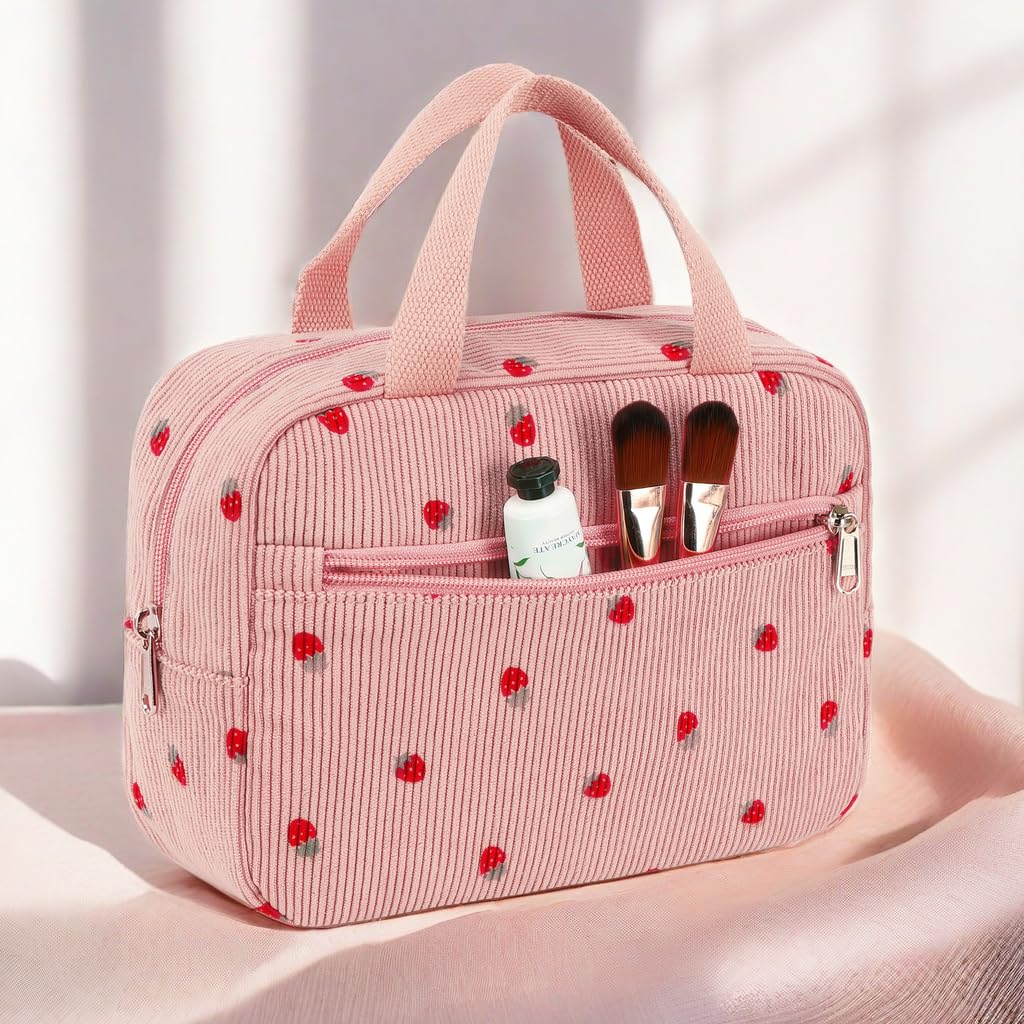 Waterproof Corduroy Makeup Bag for Women & Girls - Travel Cosmetic Organizer with Zipper, Toiletry Pouch for Gym, Vacation & Daily Use