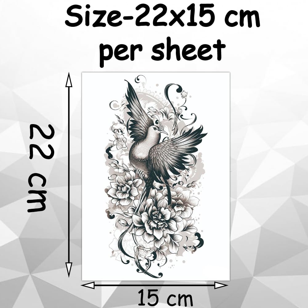 Realistic Majestic Bird & Floral Temporary Tattoo Stickers (2PCS) - Waterproof Fake Tattoos for Men & Women, 22x15 cm - Perfect for Parties, Festivals & Body Art Enthusiasts