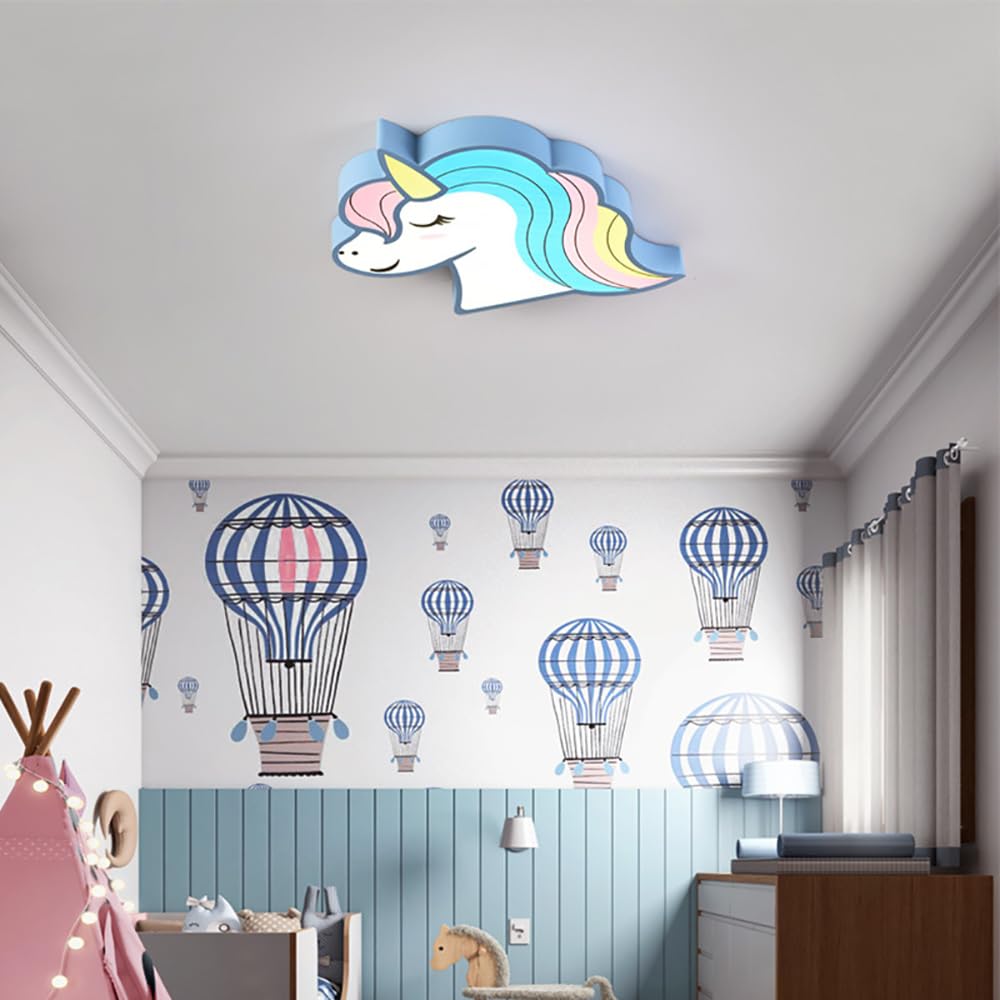 RUNNUP Unicorn Ceiling Light for Kids Room - Remote Control Flush Mount LED Light with Stepless Dimming, Blue Unicorn Night Light for Girls & Boys Bedroom, Nursery, Kindergarten, Playroom & Amusement Park Decor