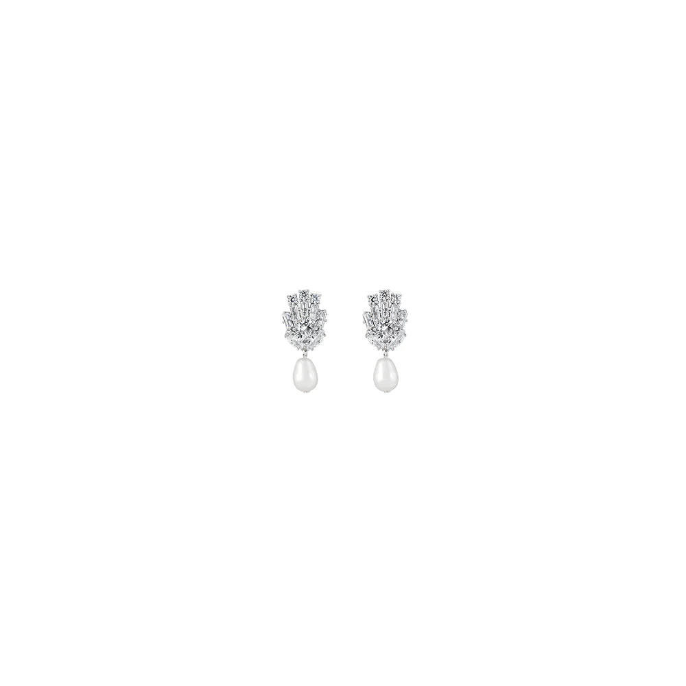 Art Deco Baguette Crystal Stud Bridal Earrings with Pearl Drop | Viva Pearl by Stephanie Browne | Perfect for Weddings, Prom & Formal Events