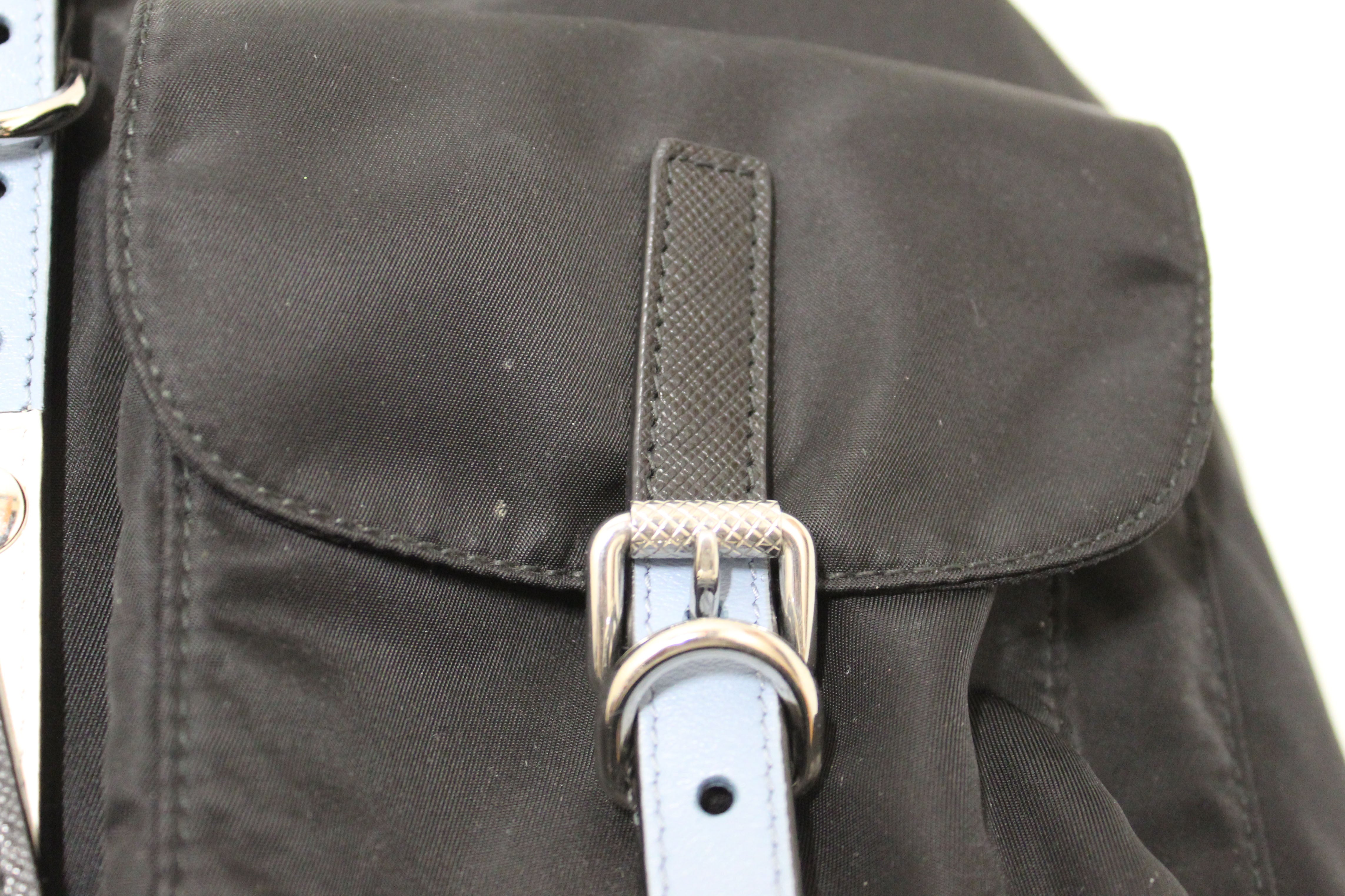 Authentic Prada Black Nylon Backpack with Blue/White Leather Strap - Elektra Tessuto Design for Women, Travel, Work & School | Stylish Luxury Handbag for Everyday Use