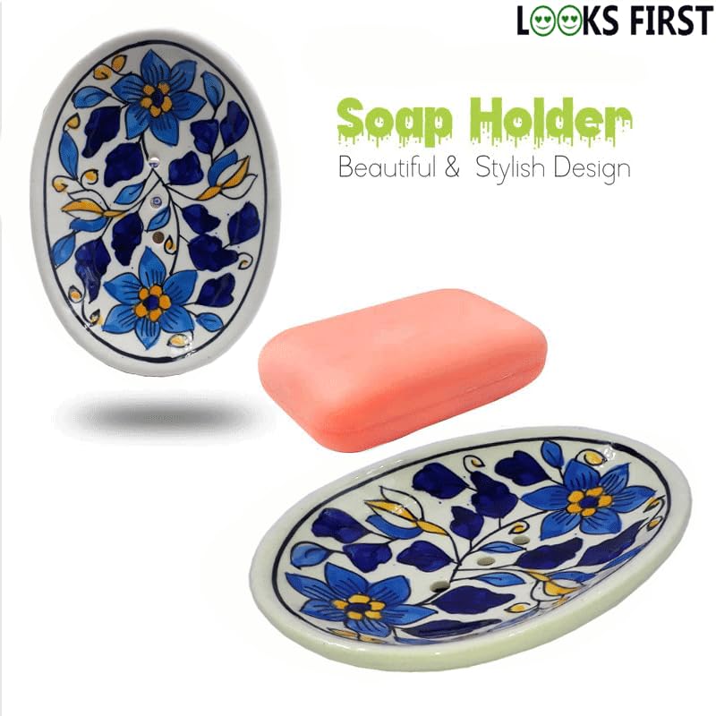 Hand Painted Floral Ceramic Soap Dish Tray - Elegant Soap Holder for Bathroom, Kitchen & Office Decor - Blue Ceramic Soap Case with Drainage - Perfect for Spa, Guest Bathrooms and Vanity Organization