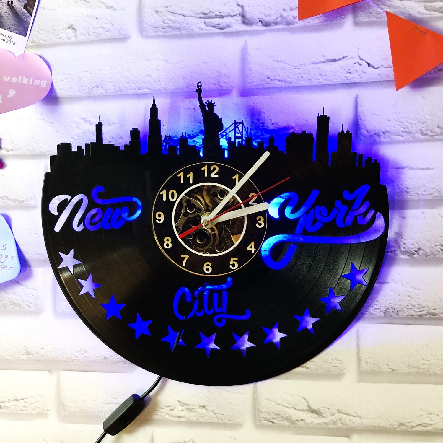 New York City Skyline LED Wall Clock - Vintage Backlit Handmade Vinyl Wall Art with Night Light for Living Room & Bedroom Decor (Blue) | Perfect for Home, Office & Gifts