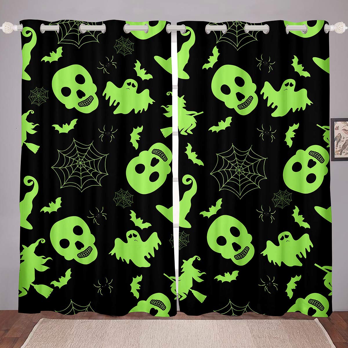 Manfei Halloween Skull Window Curtains - Cartoon Ghost Spider Web Witch Printed Blackout Drapes for Living Room, Steel Grommet Top Microfiber Fabric 2 Panel Set (104W x 84L Inches) - Perfect for Halloween Decor, Horror Theme Parties & Gothic Home Decor