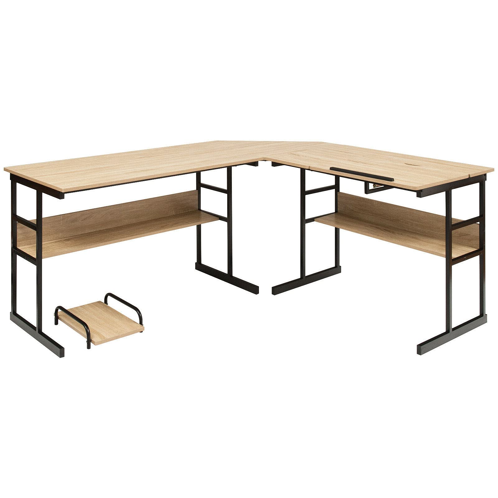 Ergonomic L-Shaped Corner Computer Desk with Adjustable Tilt Top - Home Office Workstation with 2 Open Bookshelves, Perfect for Writing, Drawing & Studying - Convertible into 2 Separate Tables for Versatile Workspace Solutions