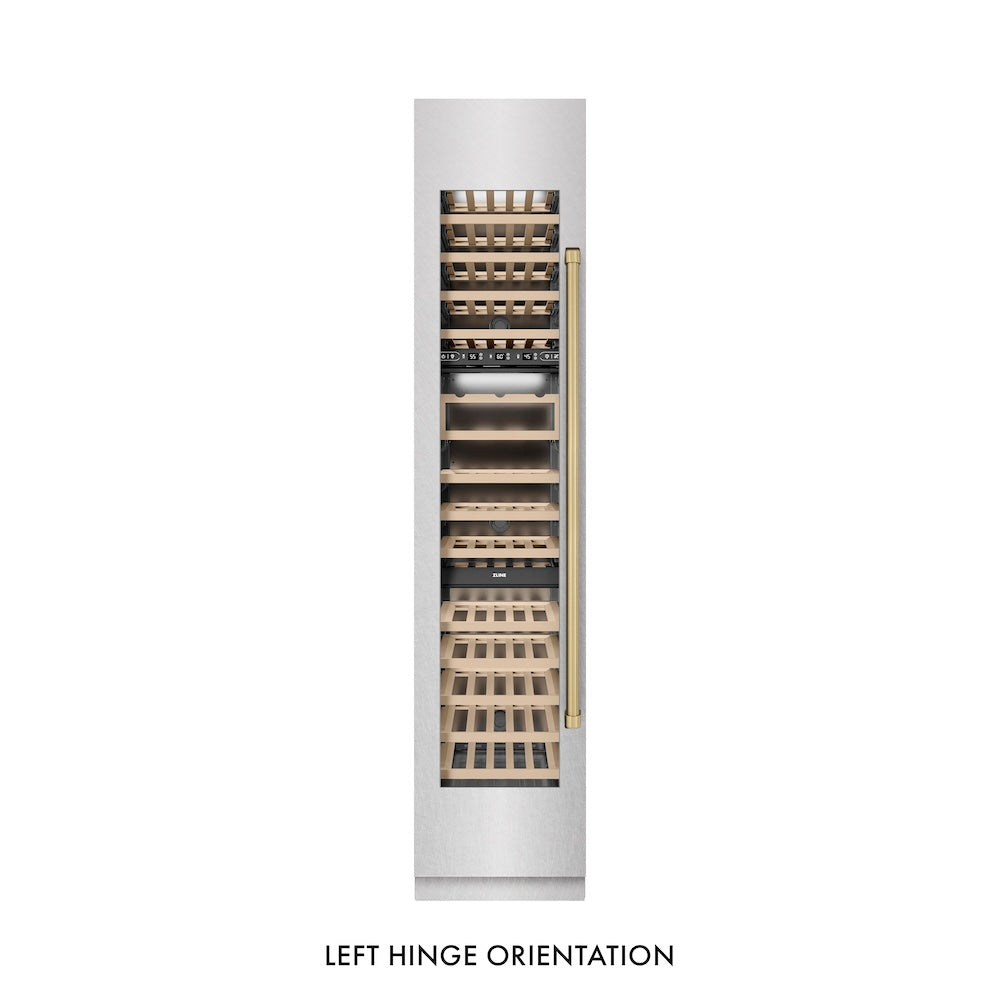 ZLINE Autograph Edition 18-Inch 9.0 cu. ft. Triple Zone 68-Bottle Left Hinge Column Wine Cooler - Satin Stainless Steel with Champagne Bronze Accents (RCWVLZ SN 18 CB) - Perfect for Wine Cellars, Restaurants, and Home Bars