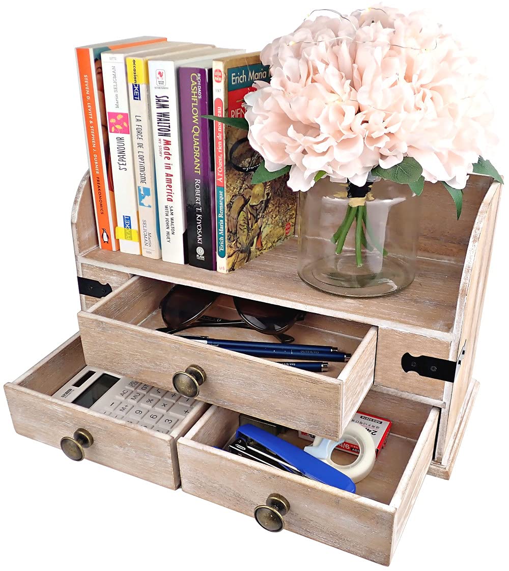 25DOL Mini-Hutch With Platform - Large Wooden Desk Organizer with Drawers & Bookshelf - Rustic Office Decor & Desk Accessories - File Organizer for Folders - Perfect for Home Office, Study Room & Workspace Organization