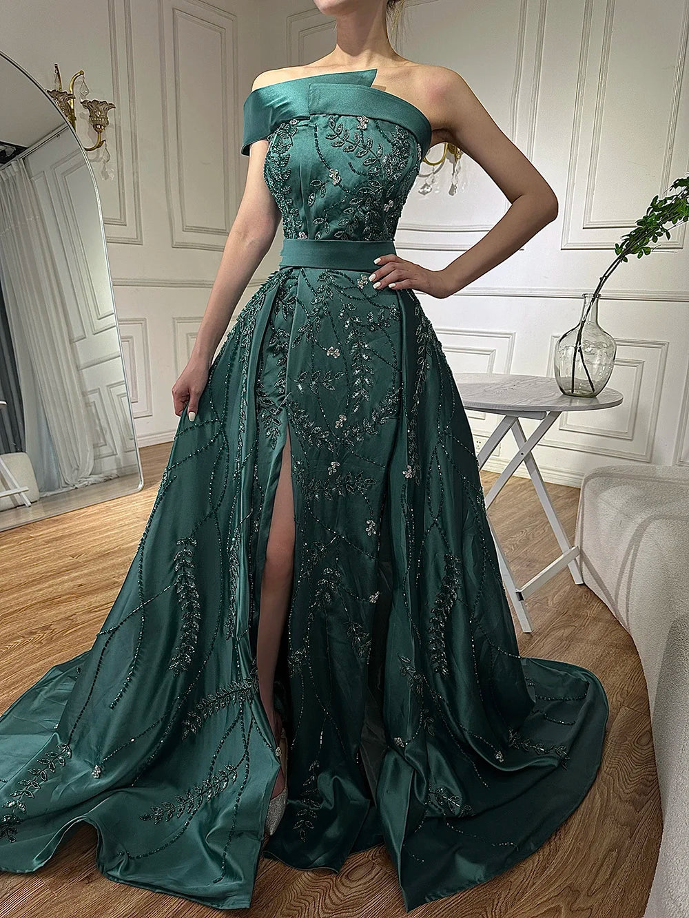Luxury Dubai Green Arabic One Shoulder Satin Evening Gown Beaded Dress with Overskirt and Split - Elegant Formal Wear for Weddings, Galas & Special Occasions