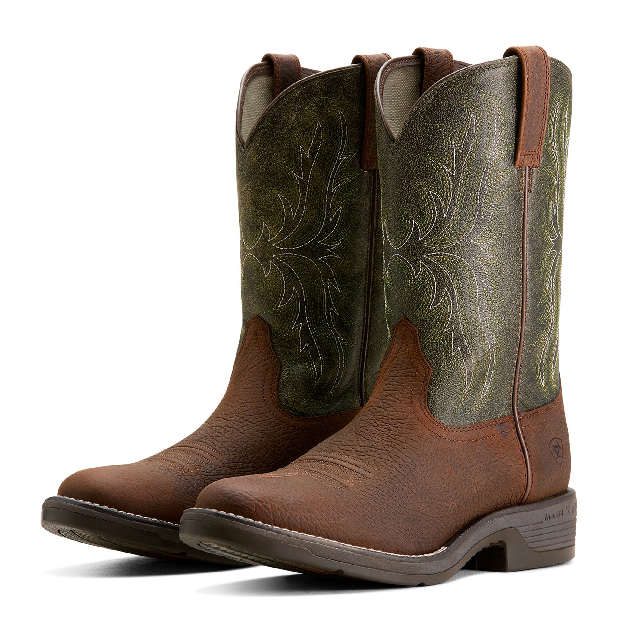 Ariat Men's Ridgeback Round Toe Western Cowboy Boots - Brown & Green Leather Work Boots for Riding, Ranch Work & Country Fashion