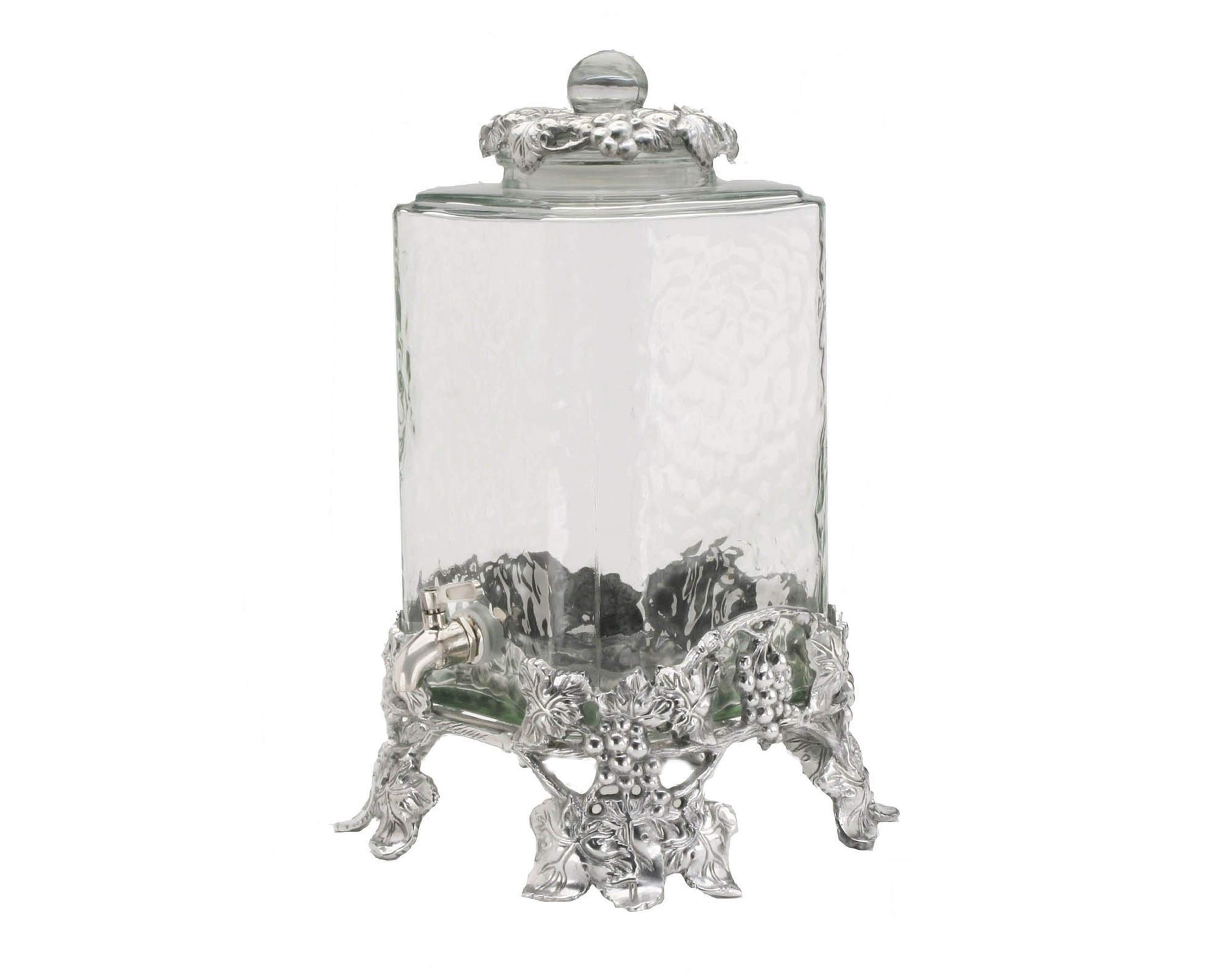 Premium Arthur Court Glass Drink Dispenser with Leak-Free Stainless Steel Spigot - Elegant Metal Grape Pattern Base - 2.5 Gallon Capacity - 19