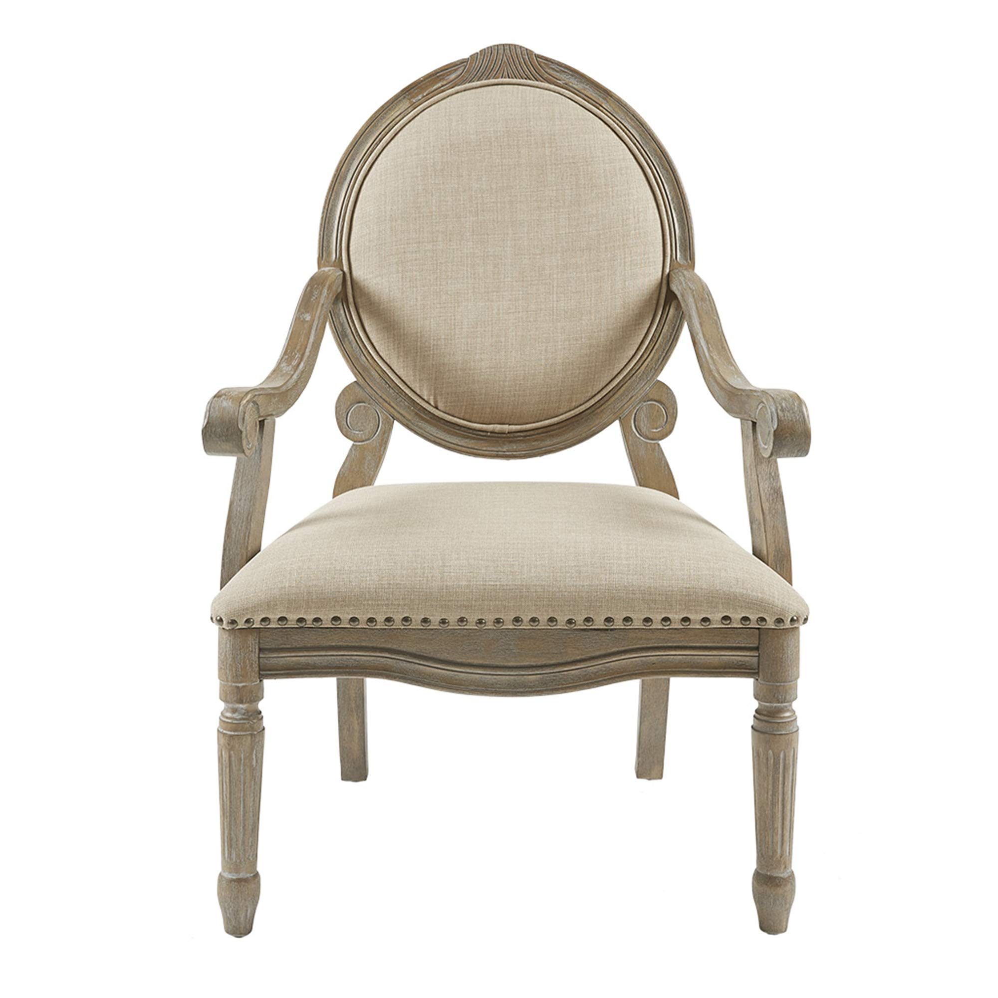 Madison Park Brentwood Accent Chair - Birch Hardwood Frame, Hand Carved Scroll Design, Modern Classic Style Armchair for Living Room, Bedroom & Lounge - Medium Beige Upholstered Sofa Chair - Perfect for Reading Nook, Home Office or Cozy Corner Decor