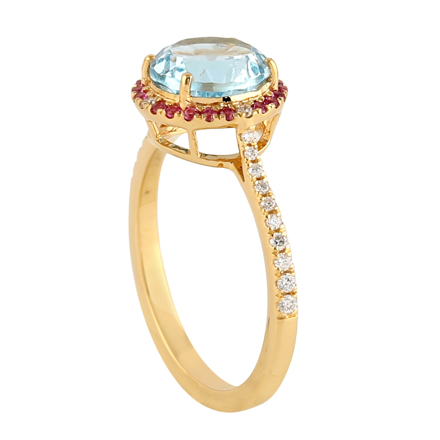 Blue Topaz Prong Ruby Gemstone Pave Diamond Solitaire Ring in 18k Yellow Gold | Elegant Engagement & Wedding Jewelry for Women | Perfect for Anniversaries, Proposals & Special Occasions
