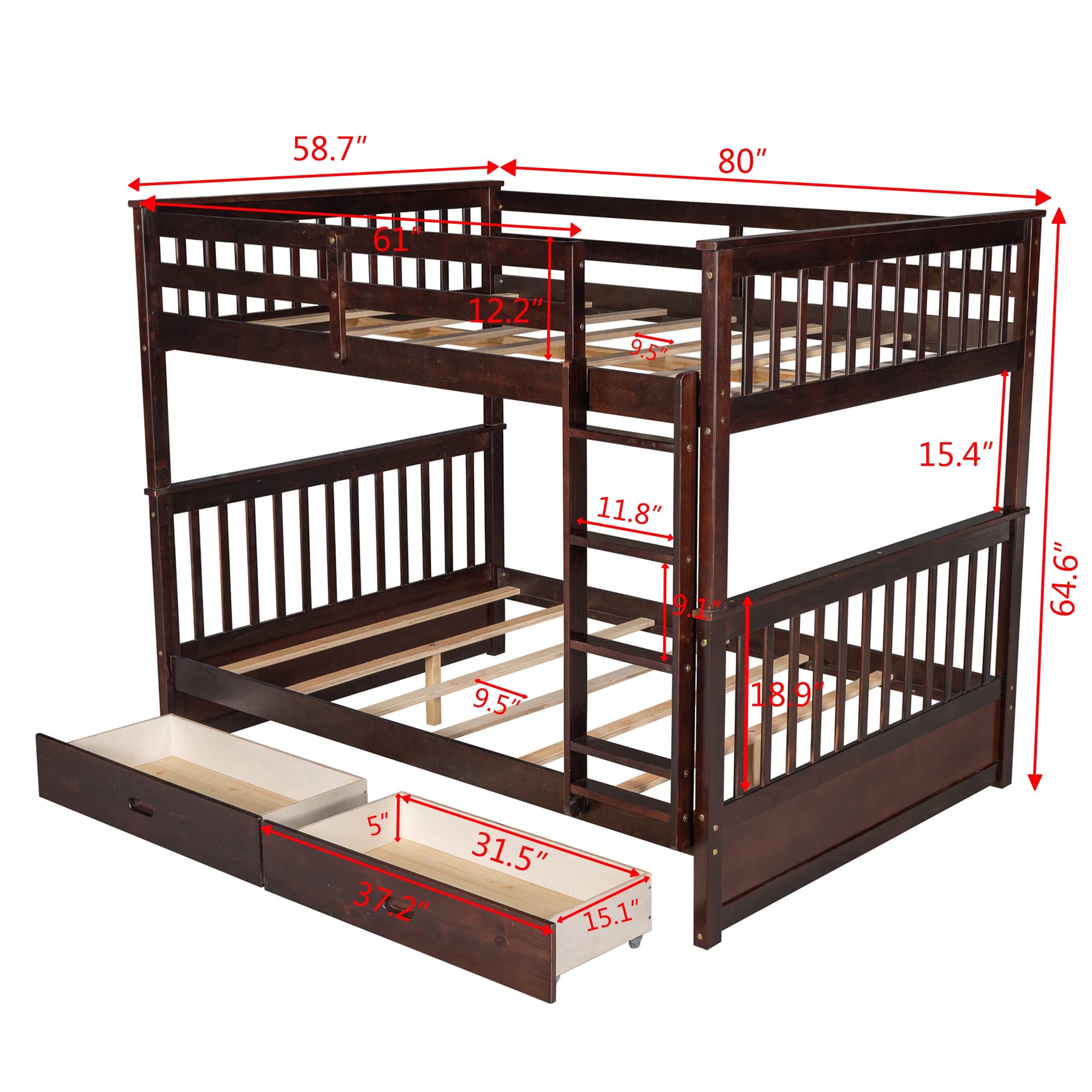 Harper & Bright Designs Full Bunk Beds with Storage Drawers - Solid Wood Detachable Full Over Full Bunk Bed Frame with Ladders & Safety Rail for Kids, Teens, Adults (Espresso) - Perfect for Small Bedrooms, Guest Rooms & Vacation Homes