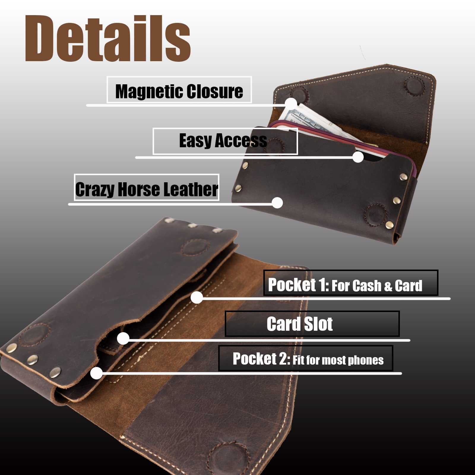 Premium Leather Phone Holster with Belt Loop & Magnetic Closure - Handmade iPhone 14 Pro Max Pouch (Fits with Otterbox Case) - Dark Brown Wallet & Card Holder for Men | Perfect for Work, Travel & Outdoor Activities
