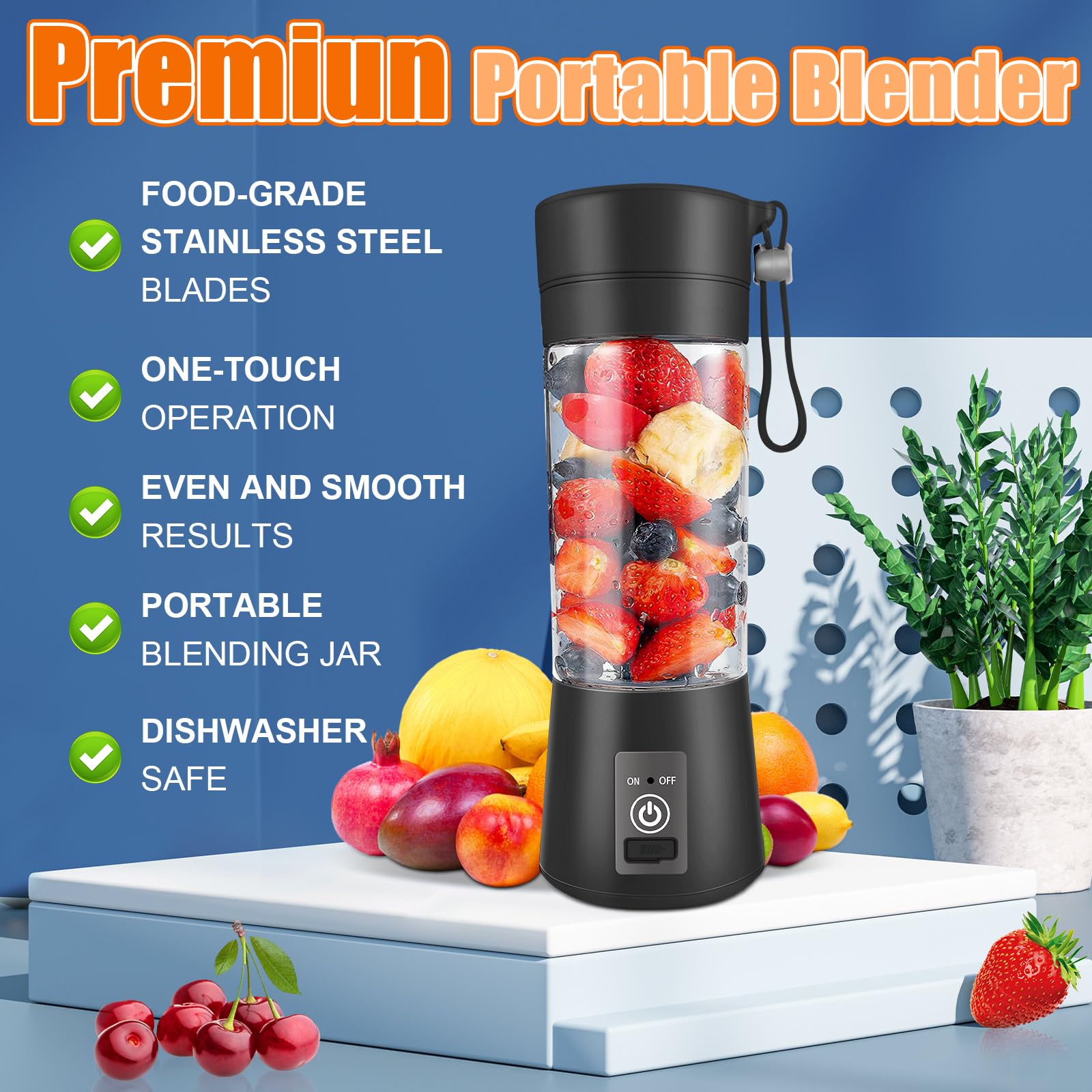 Portable Blender for Smoothies & Shakes - 6 Blade Personal Mini Blender, BPA Free, USB Rechargeable & Cordless - Compact Travel Blender Cup with Lid - Perfect for Office, Gym, Kitchen & On-the-Go Use
