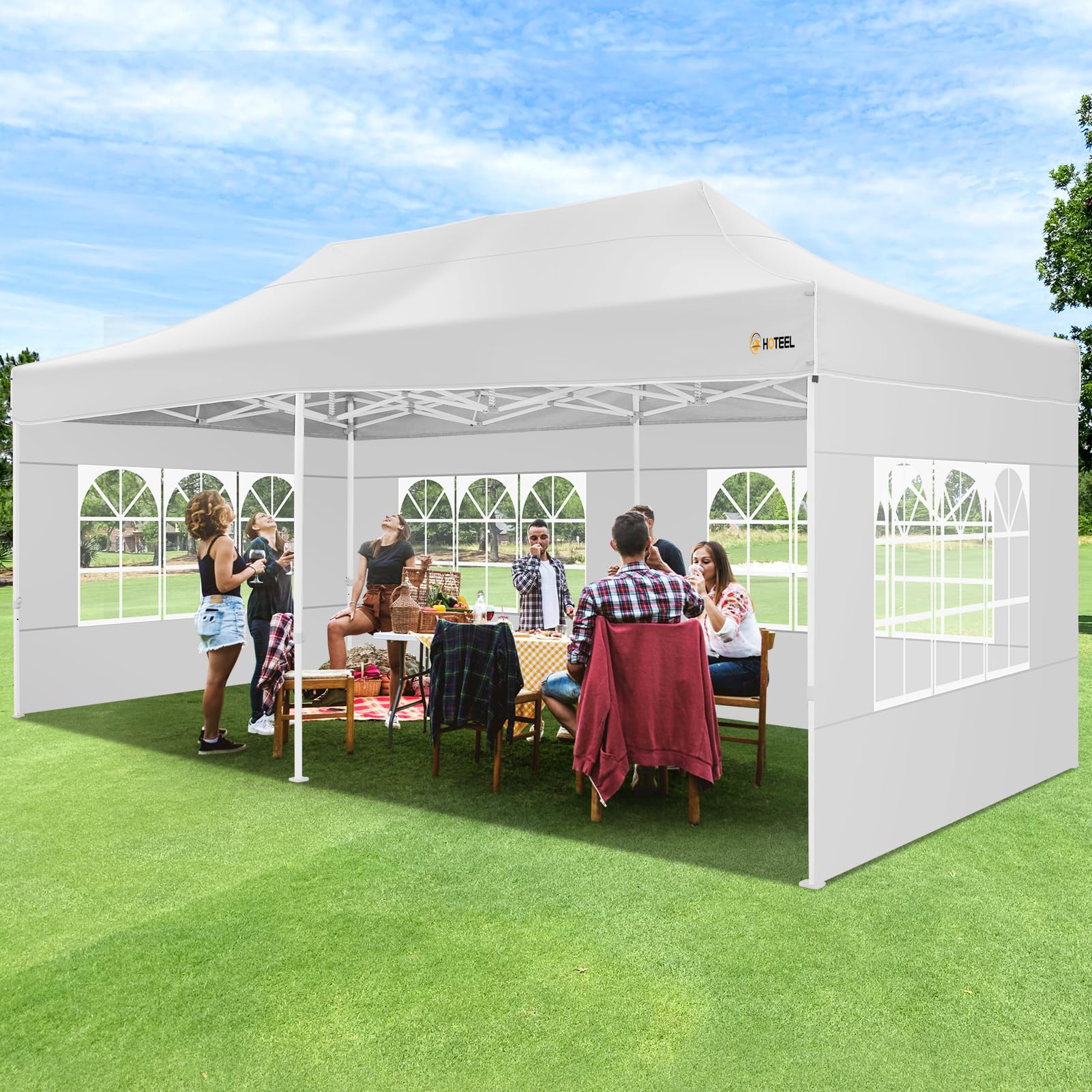 HOTEEL 10x20 FT Heavy Duty Pop Up Canopy Tent with 6 Sidewalls - Easy Setup Instant Gazebo for Outdoor Events, Weddings, Parties - Includes Roller Bag & Sand Bags - White Hexagonal Frame - Perfect for Backyard Gatherings, Farmers Markets, and Beach Outings