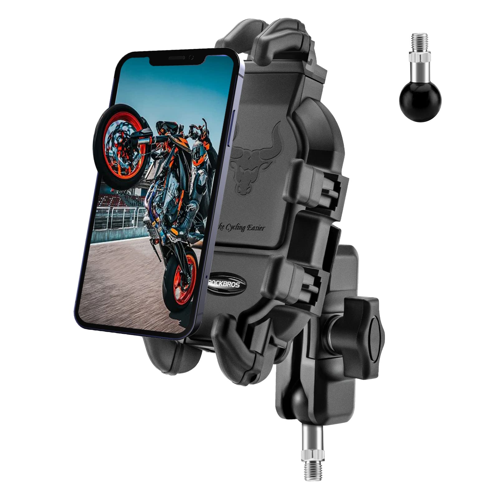 ROCKBROS Universal Motorcycle Phone Mount Holder with Vibration Dampener - Compatible with 4.7''-7.1'' Smartphones (iPhone, Samsung, Android) - M10 Screw Handlebar Mount for Safe Riding & GPS Navigation