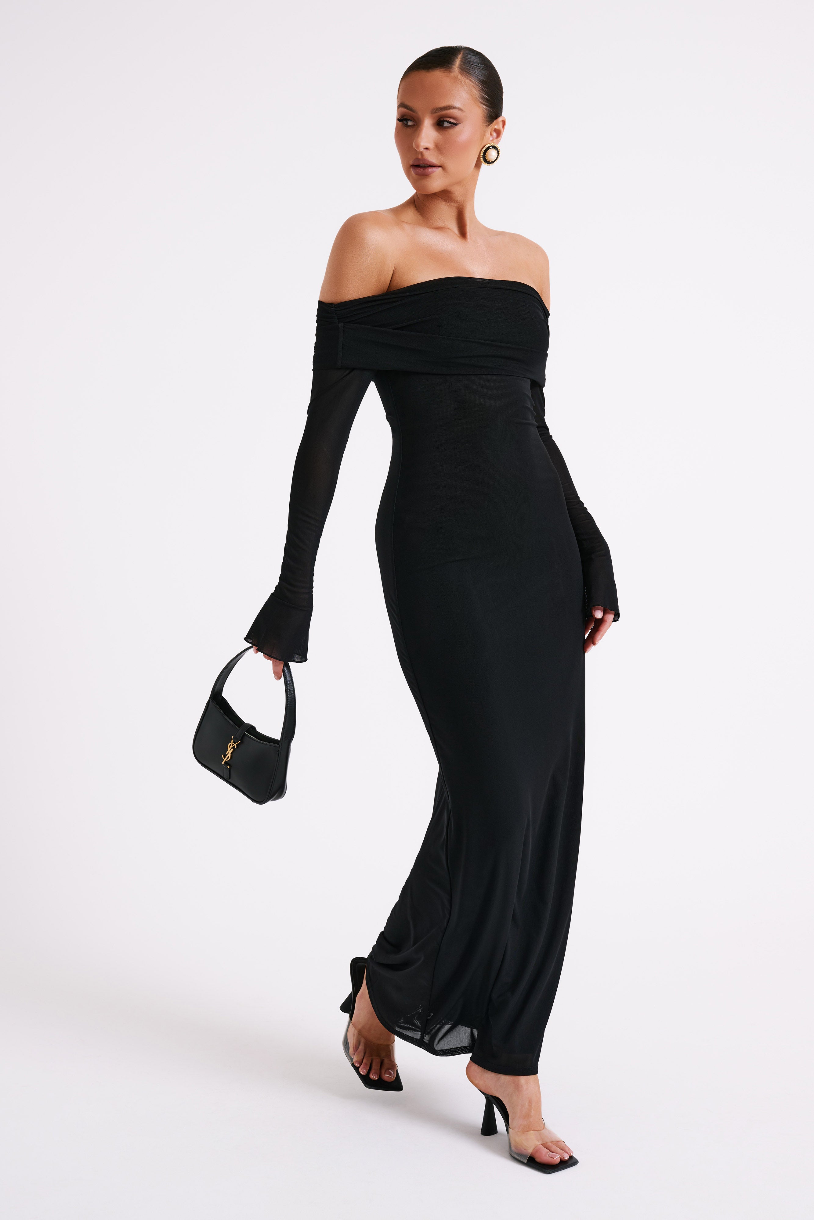 Josie Off Shoulder Mesh Maxi Dress for Women - Elegant Black Long Evening Gown for Parties, Weddings & Special Occasions