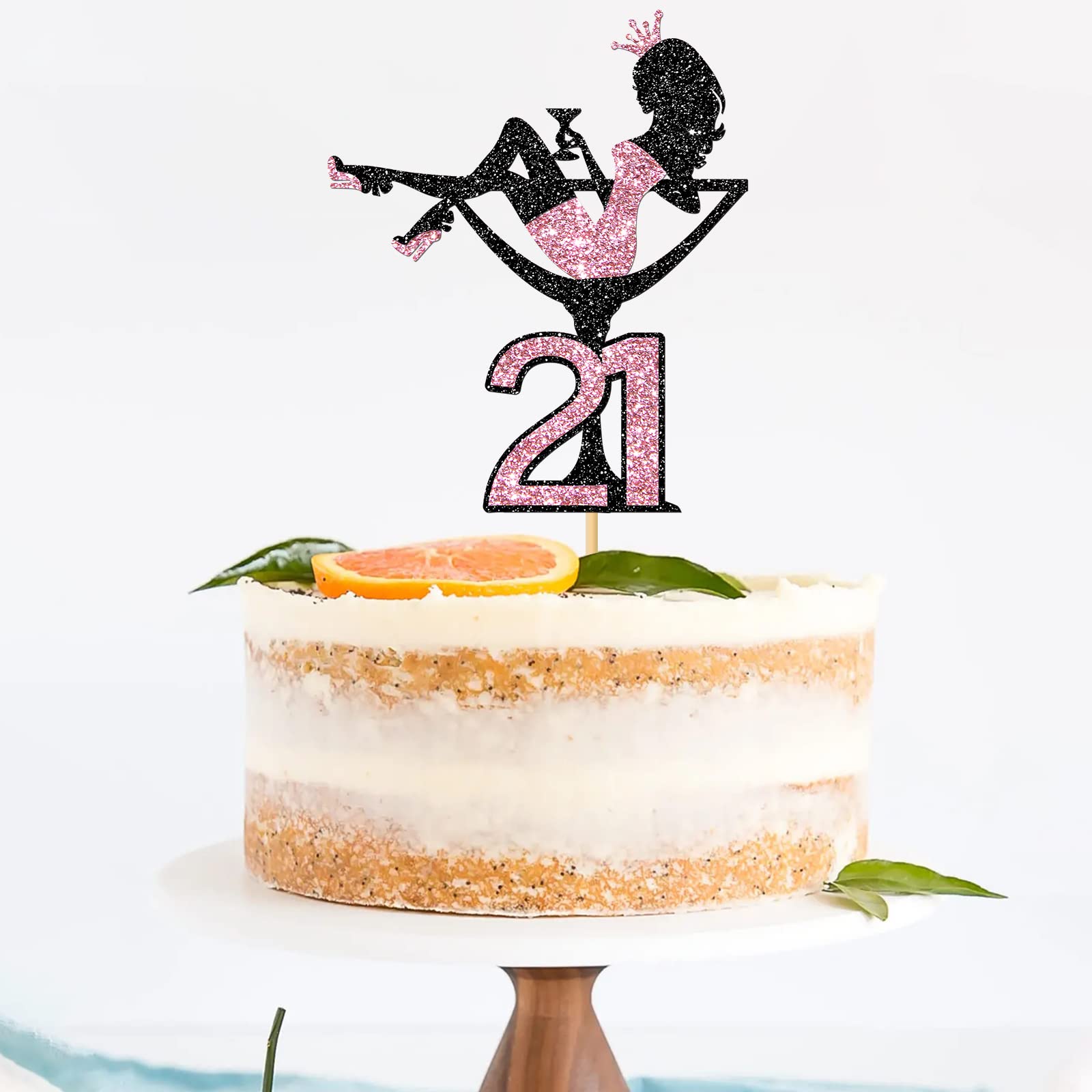 21st Birthday Cake Topper - Glamorous Sitting Girl with Black & Pink Glitter for Makeup Spa Theme Party Decor | Perfect for 21st Birthday Celebrations, Bachelorette Parties & Girls Night Out