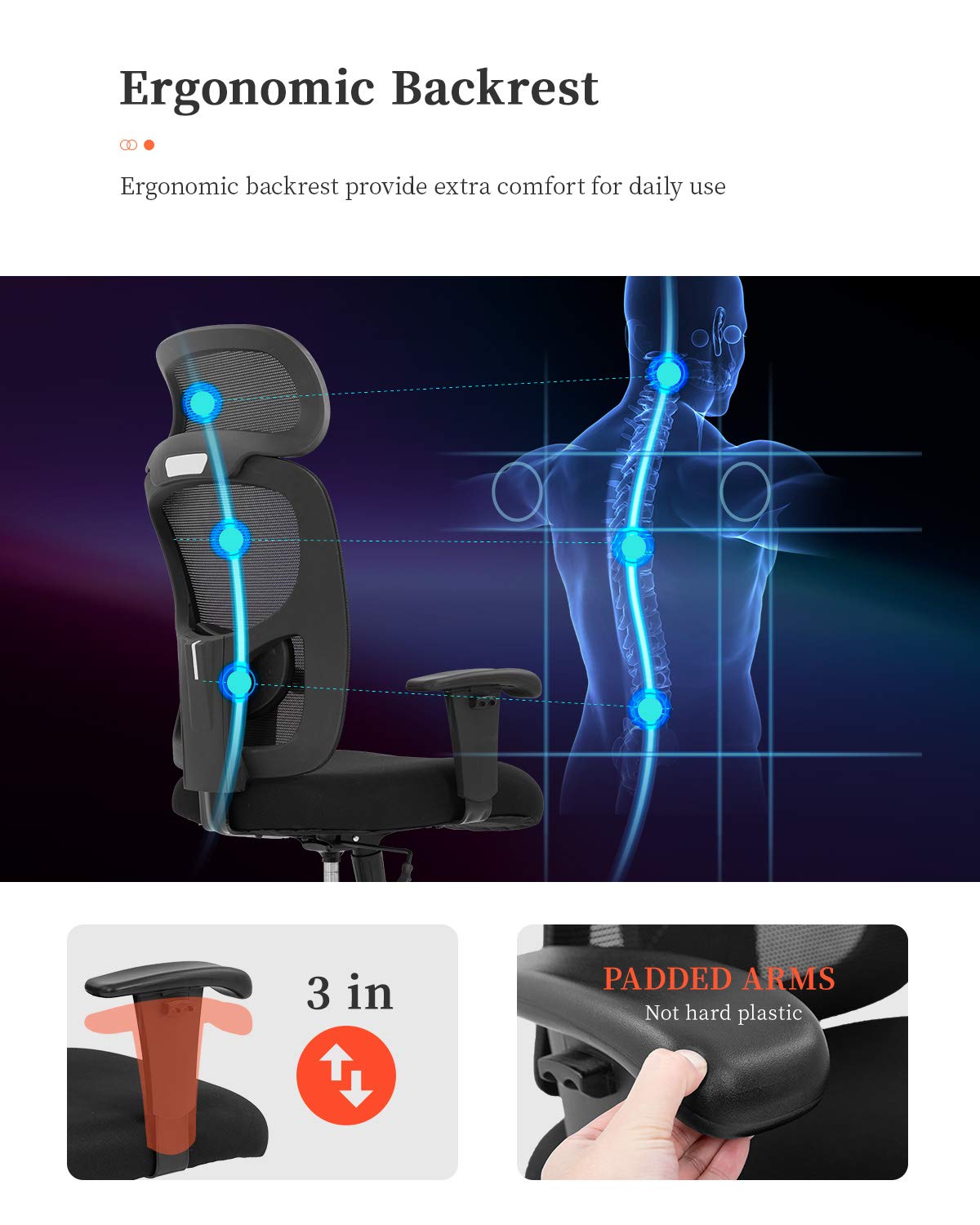 Big and Tall Office Chair - Ergonomic Executive Desk Chair with Lumbar Support, 400lbs Weight Capacity, Adjustable Armrest & Headrest, High Back Mesh Computer Chair for Home & Office (Black) - Perfect for Long Work Hours and Comfortable Seating