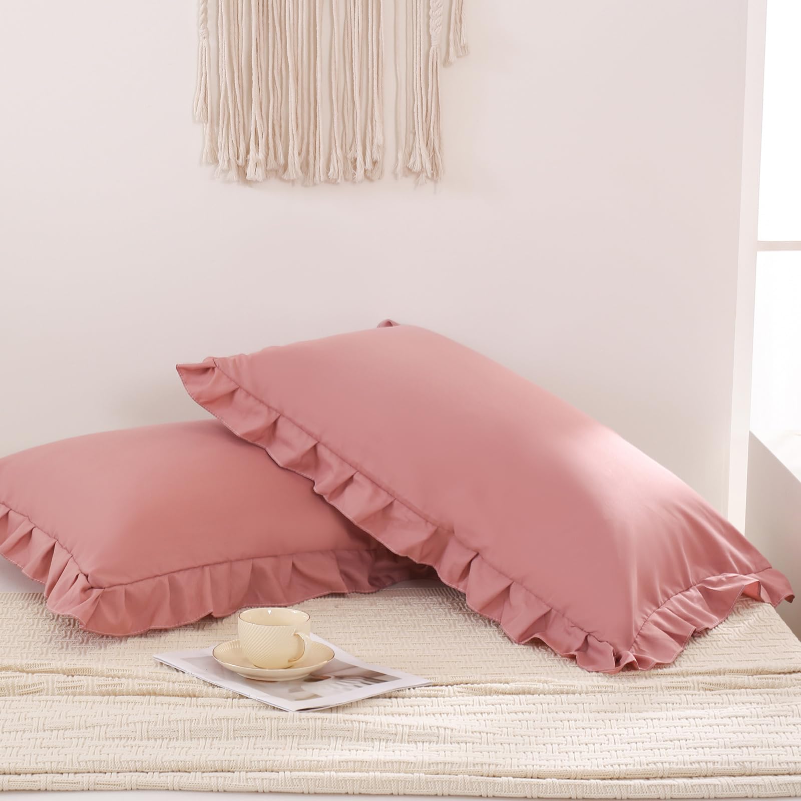 Pink Mocha Pillow Shams - Soft Ruffled Standard Pillowcase Set of 2 (Queen 20x30 Inches) - Shabby Chic Bedding, Solid Pink Pillow Covers for Cozy Bedroom Decor & Guest Room Styling