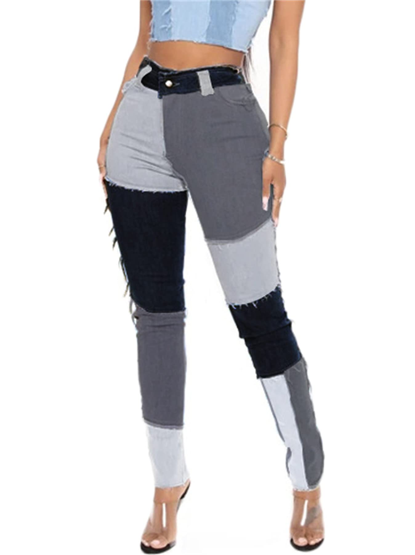 Andongnywell Women's High Waisted Distressed Patchwork Jeans - Color Block Denim Pants for Casual Wear & Street Style Fashion