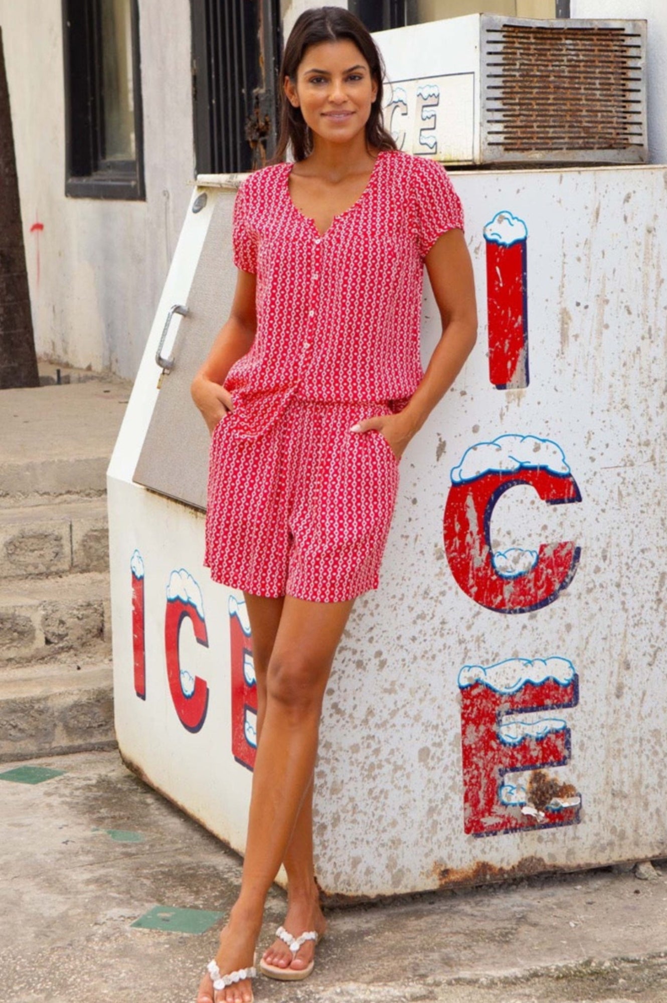 Lisbon Blouse with Santorini Border - Red and White Floral Print Women's Top for Casual Wear, Vacation & Summer Outfits