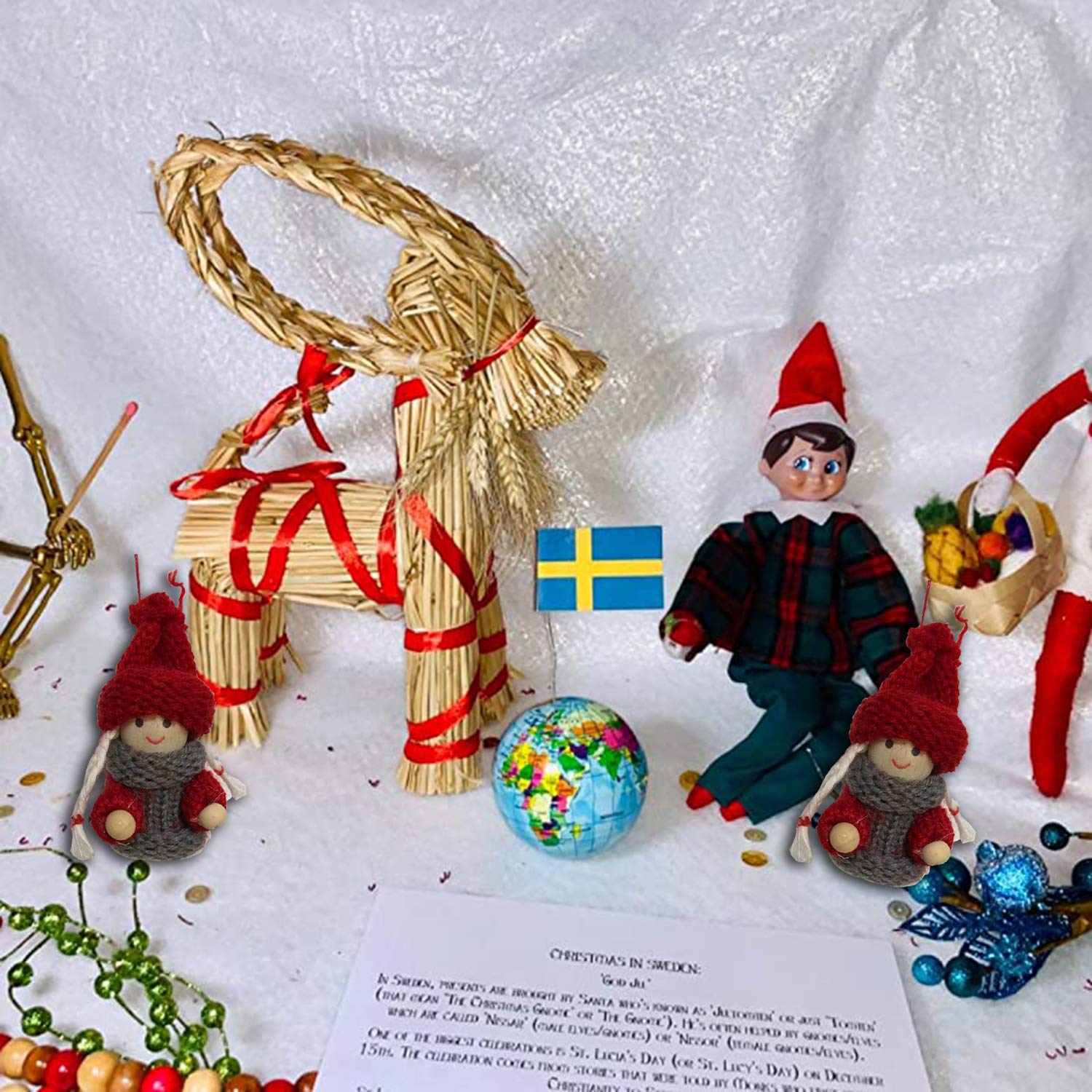 12-Inch Scandinavian Straw Goat Julbock & 2.75-Inch Santa Doll - Traditional Christmas Decorations for Holiday Tree, Mantel, and Festive Home Decor